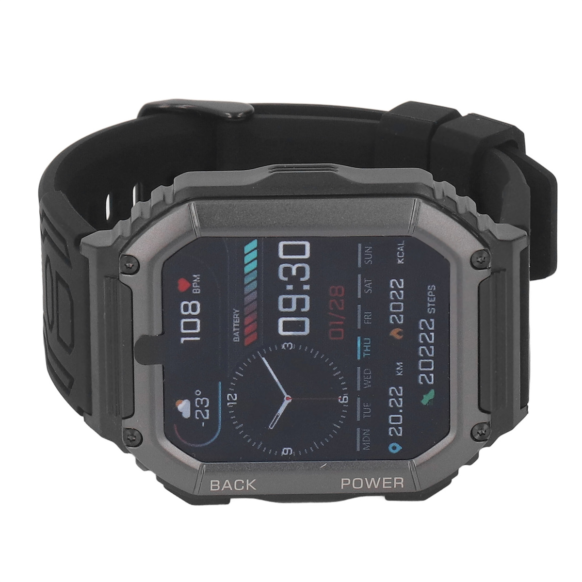 Eine schwarz-graue Smartwatch zeigt Zeit, Datum und Gesundheitsmetriken auf dem Display an.