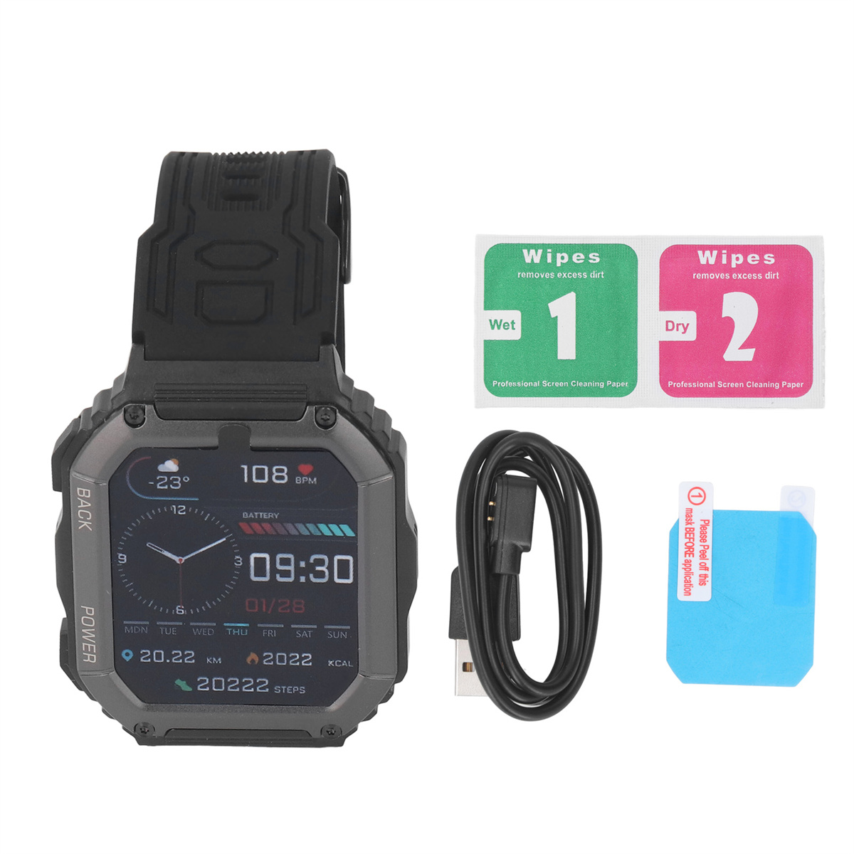 Smartwatch mit Zubehör. Schwarze Uhr mit schwarzem Armband, Ladegerät und Reinigungstüchern.