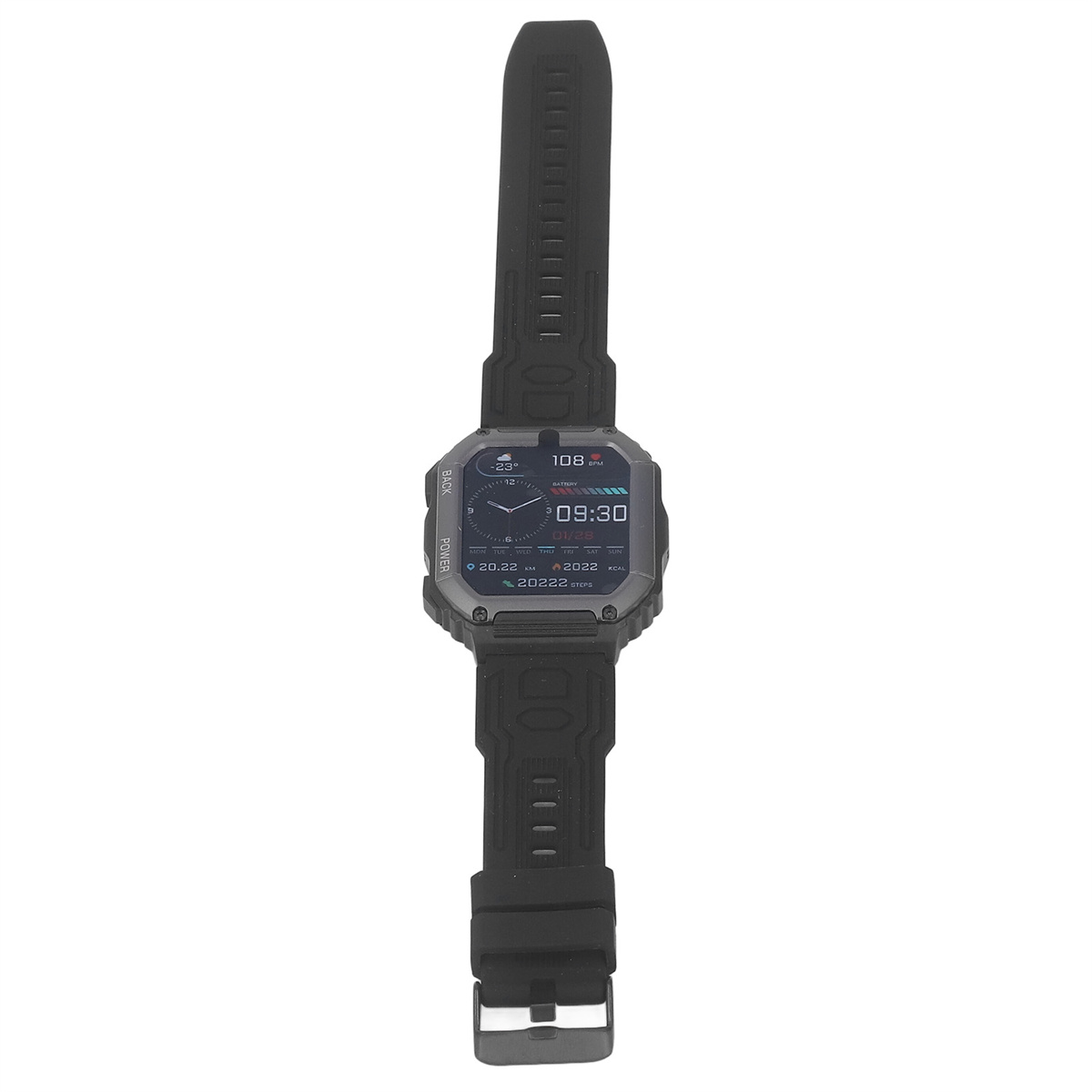 Schwarze Smartwatch mit schwarzem Armband, zeigt Zeit und Gesundheitsmetriken auf dem Bildschirm.