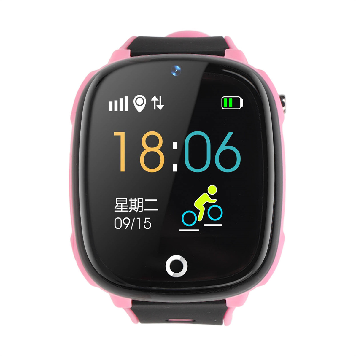 Rosa Smartwatch mit schwarzem Band. Anzeige zeigt Uhrzeit, Datum und Fahrradsymbol.