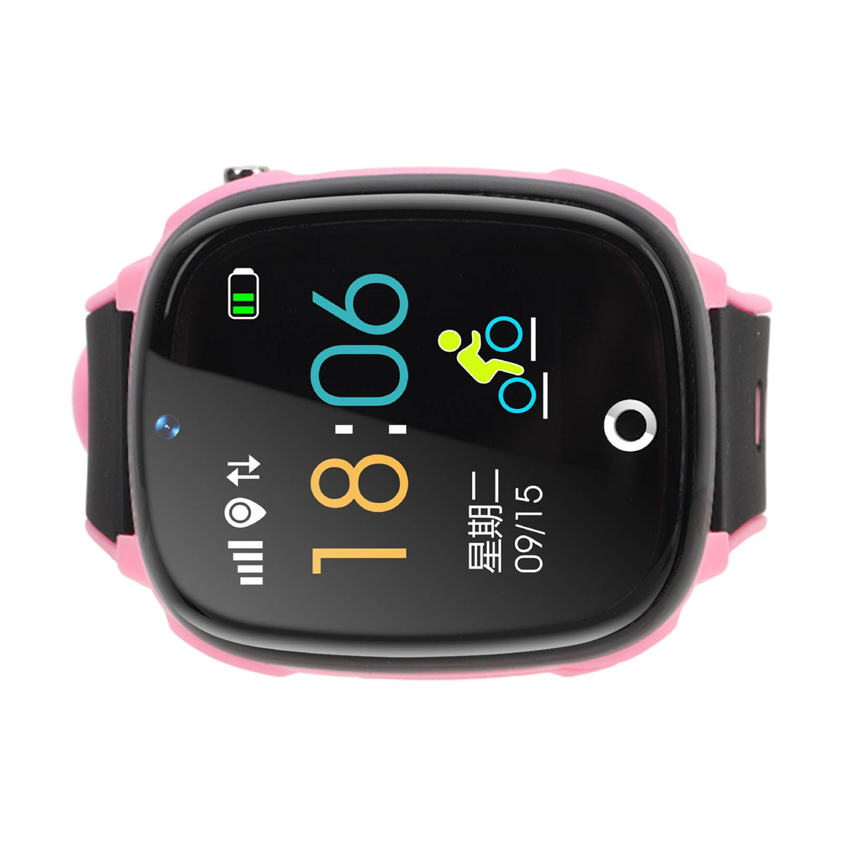 Eine pinkfarbene Smartwatch mit schwarzem Armband. Der Bildschirm zeigt Uhrzeit, Datum, Akku und Trainingssymbole.
