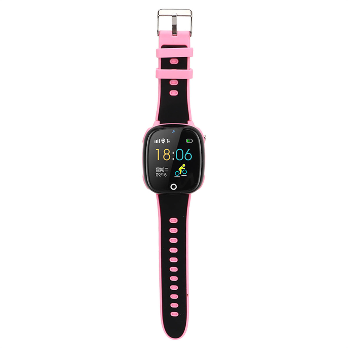 Eine rosa und schwarze Smartwatch mit schwarzem Bildschirm, der die Uhrzeit und ein Fahrradsymbol anzeigt.
