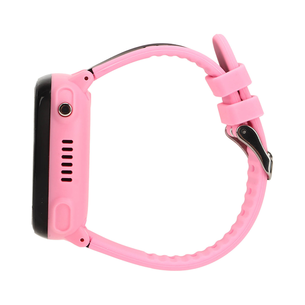 Pinke Smartwatch mit pinkem Armband. Die Uhr ist auf weißem Hintergrund, Seitenprofil.