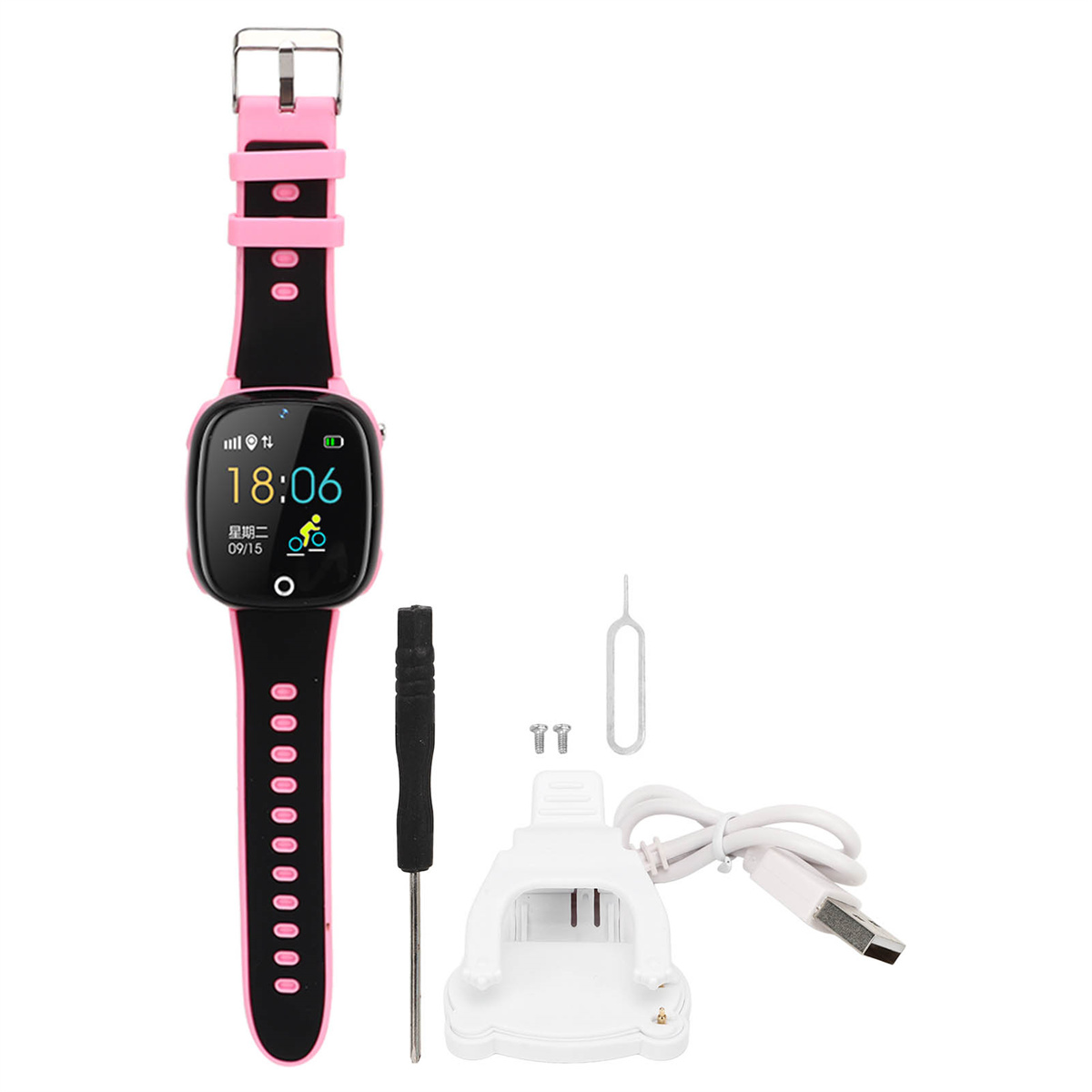 Rosa-schwarze Smartwatch mit Zubehör, einschließlich Schraubendreher und Ladestation, auf weißer Oberfläche.