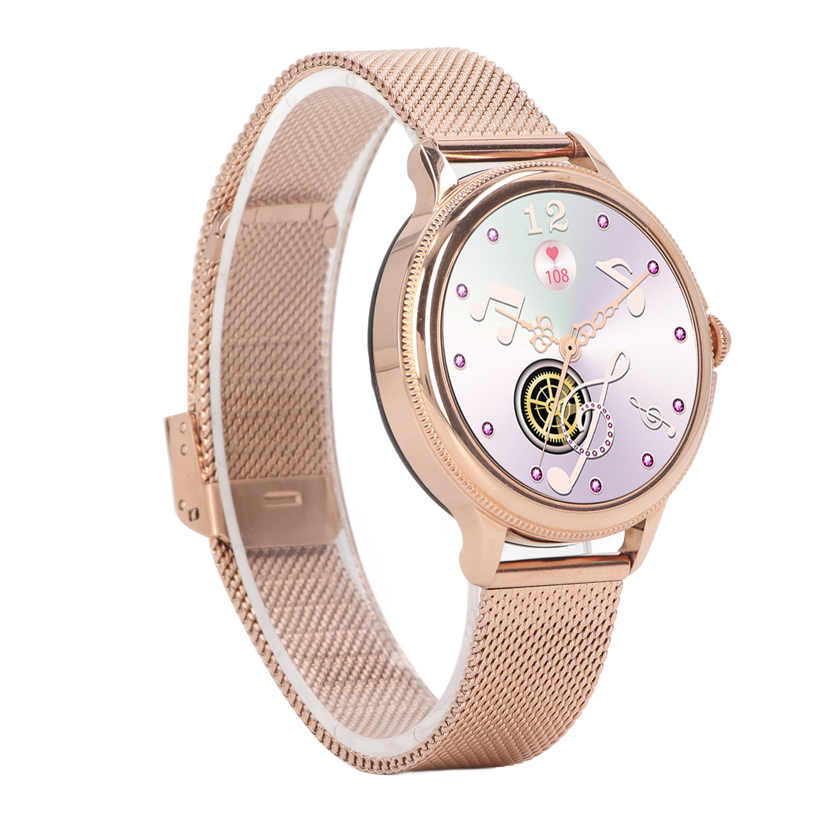 Roségoldene Smartwatch mit Mesh-Armband, pink-weißem Zifferblatt und Noten.