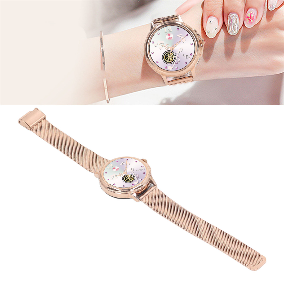 Roségoldene Smartwatch am Handgelenk und separat. Sie hat ein Mesh-Armband und ein rundes Zifferblatt.