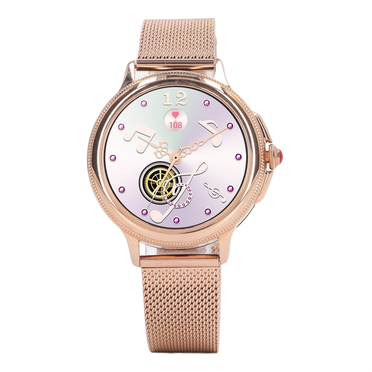 Eine roségoldene Smartwatch mit Mesh-Armband. Das Zifferblatt zeigt Noten und Daten.