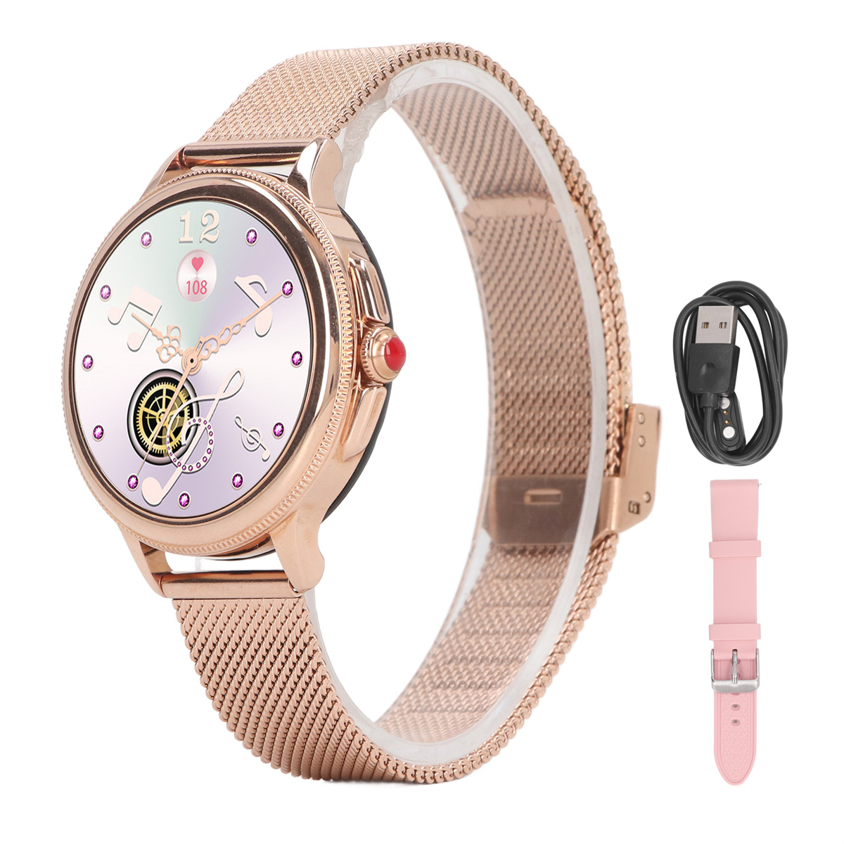 Roségoldene Smartwatch mit roségoldenem Armband, zeigt die Zeit, Noten und Herzfrequenz.
