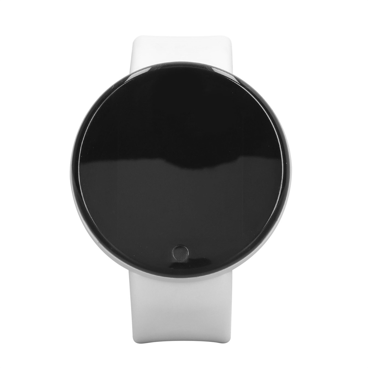 Eine schwarze Smartwatch mit weißem Armband, die einen schwarzen Bildschirm zeigt.