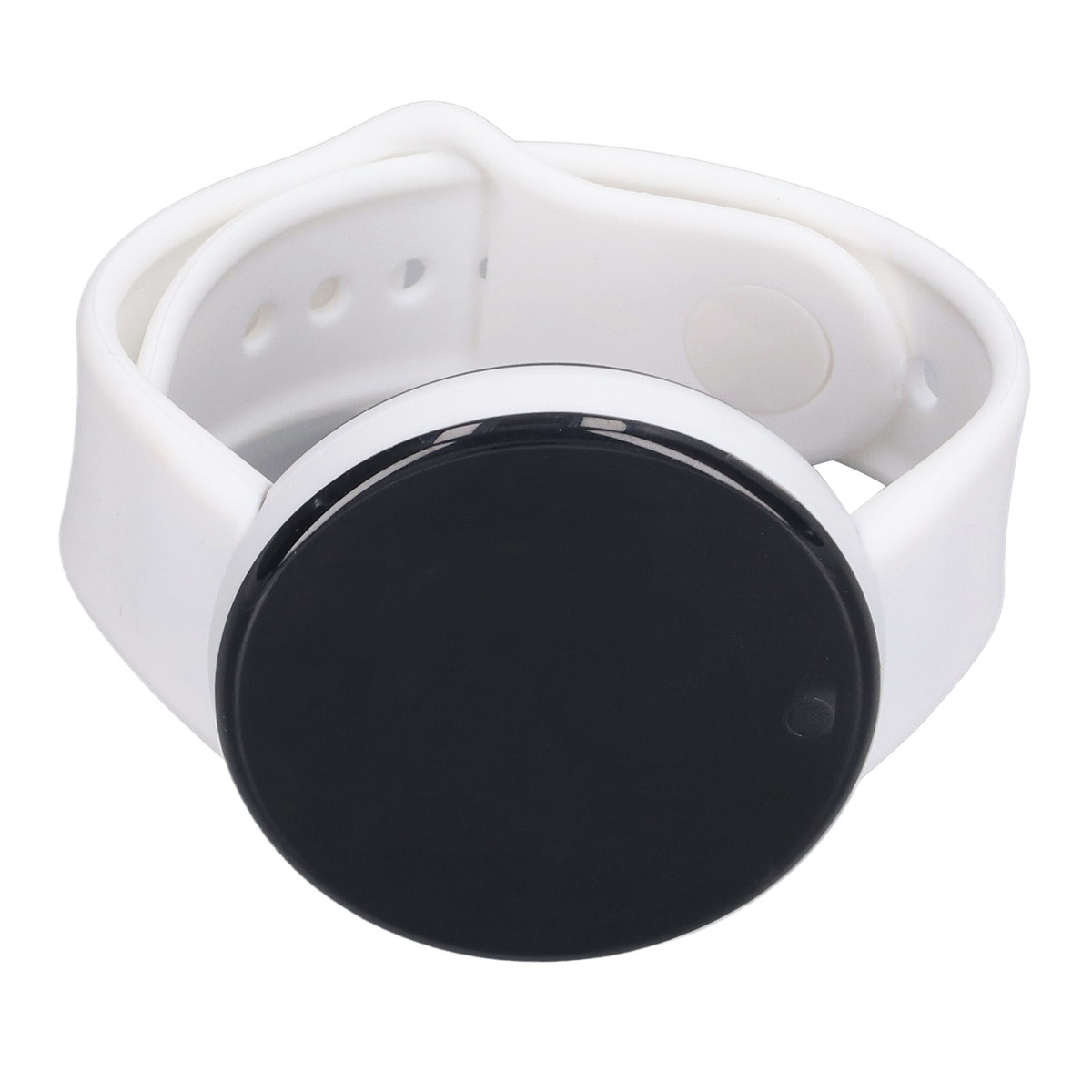 Weiße Smartwatch mit schwarzem, rundem Bildschirm und weißem Armband.