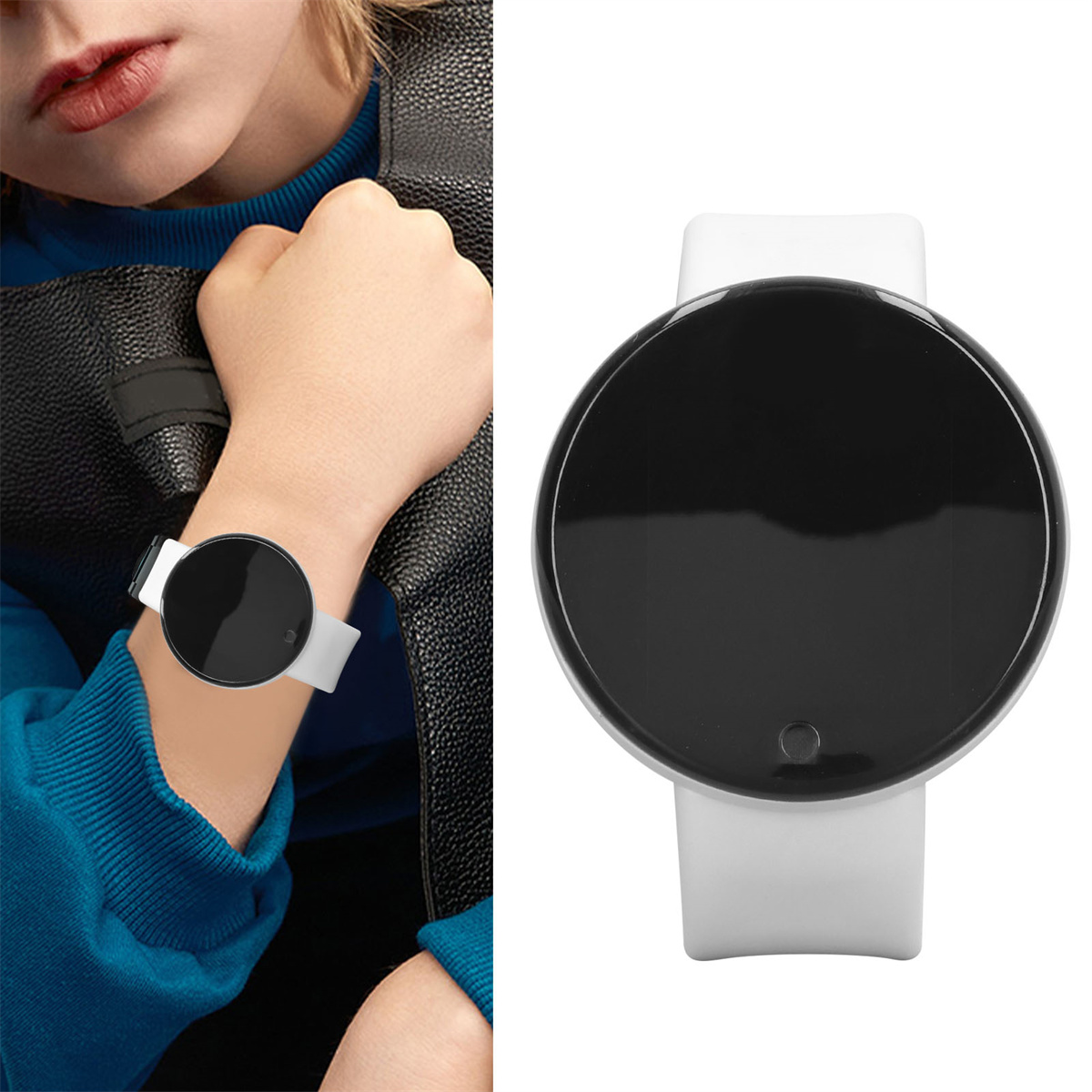Eine Person, die eine Smartwatch mit weißem Armband und schwarzem, rundem Display trägt.