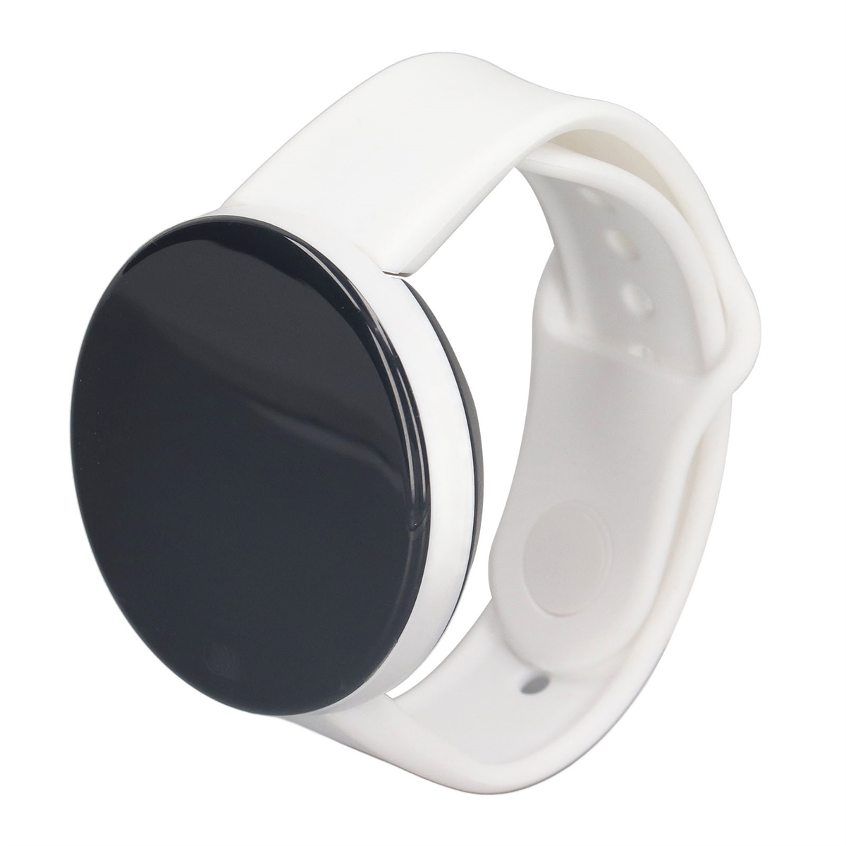 Weiße Smartwatch mit schwarzem Zifferblatt und weißem Armband.