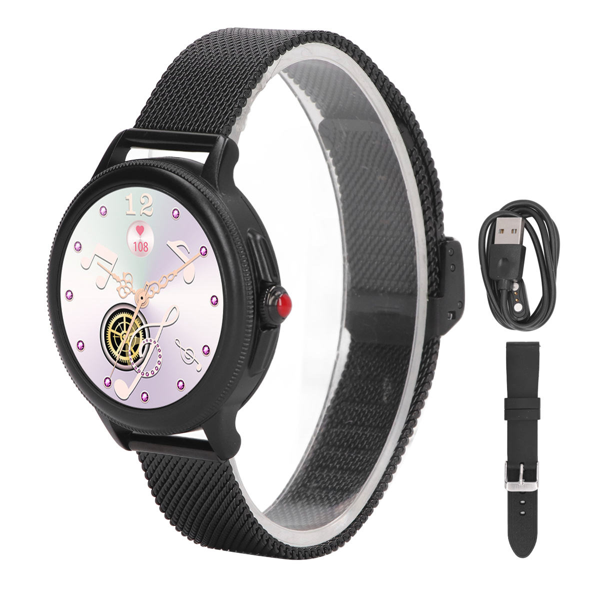 Schwarze Smartwatch mit schwarzem Armband, zeigt die Zeit, Noten und Herzfrequenz.