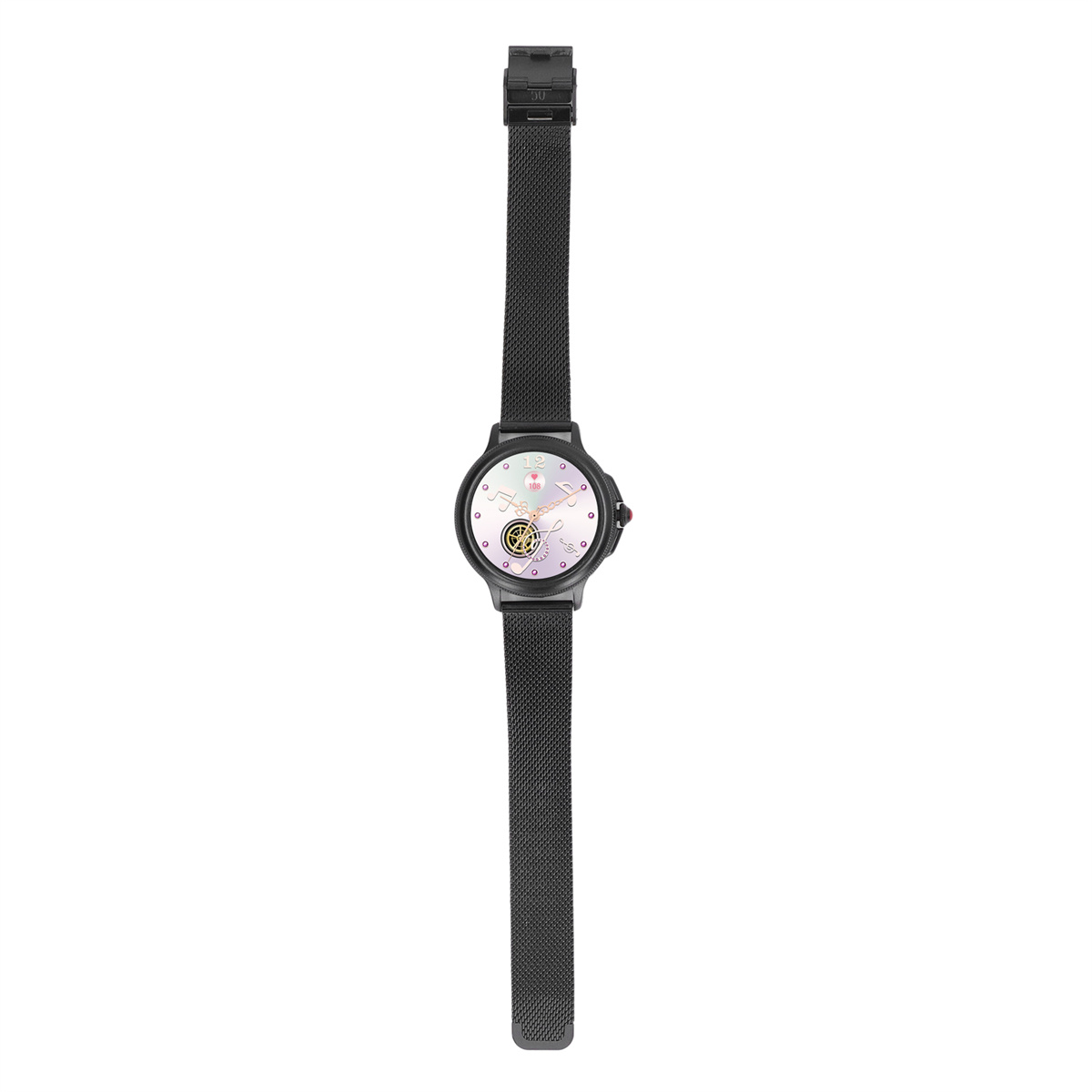 Eine schwarze Uhr mit Mesh-Armband, vor weißem Hintergrund. Die Uhr ist zentriert.