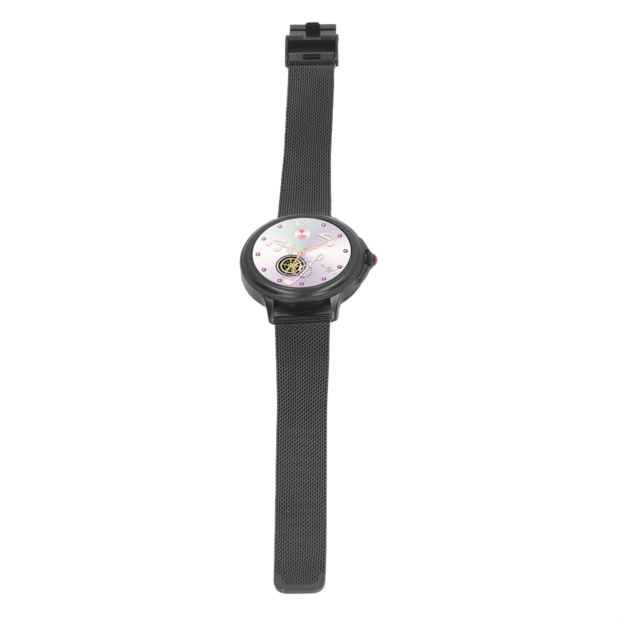 Schwarze Smartwatch mit schwarzem Armband, isoliert auf weißem Hintergrund.