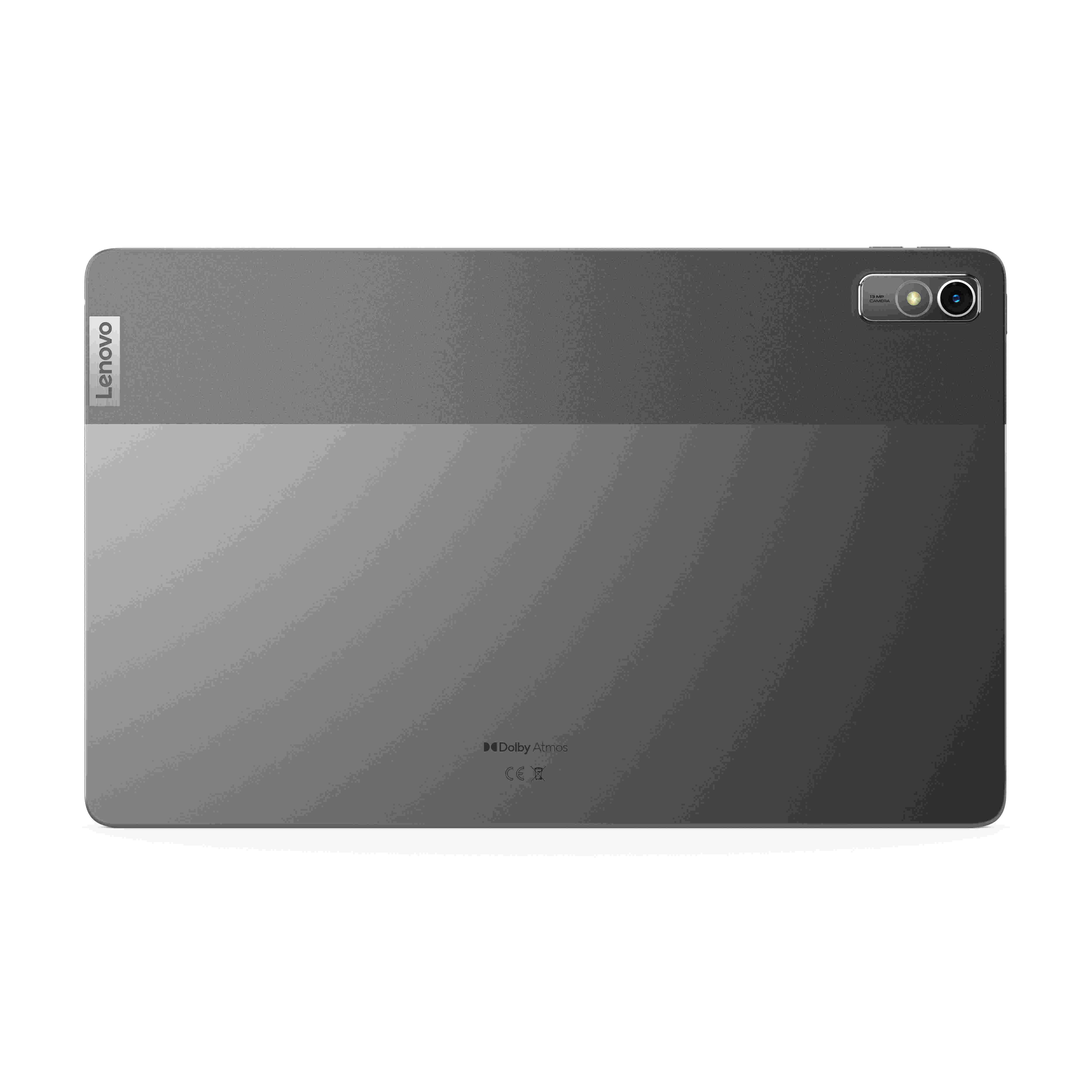 Parte trasera de una tableta Lenovo gris con cámara y el logo Dolby Atmos.