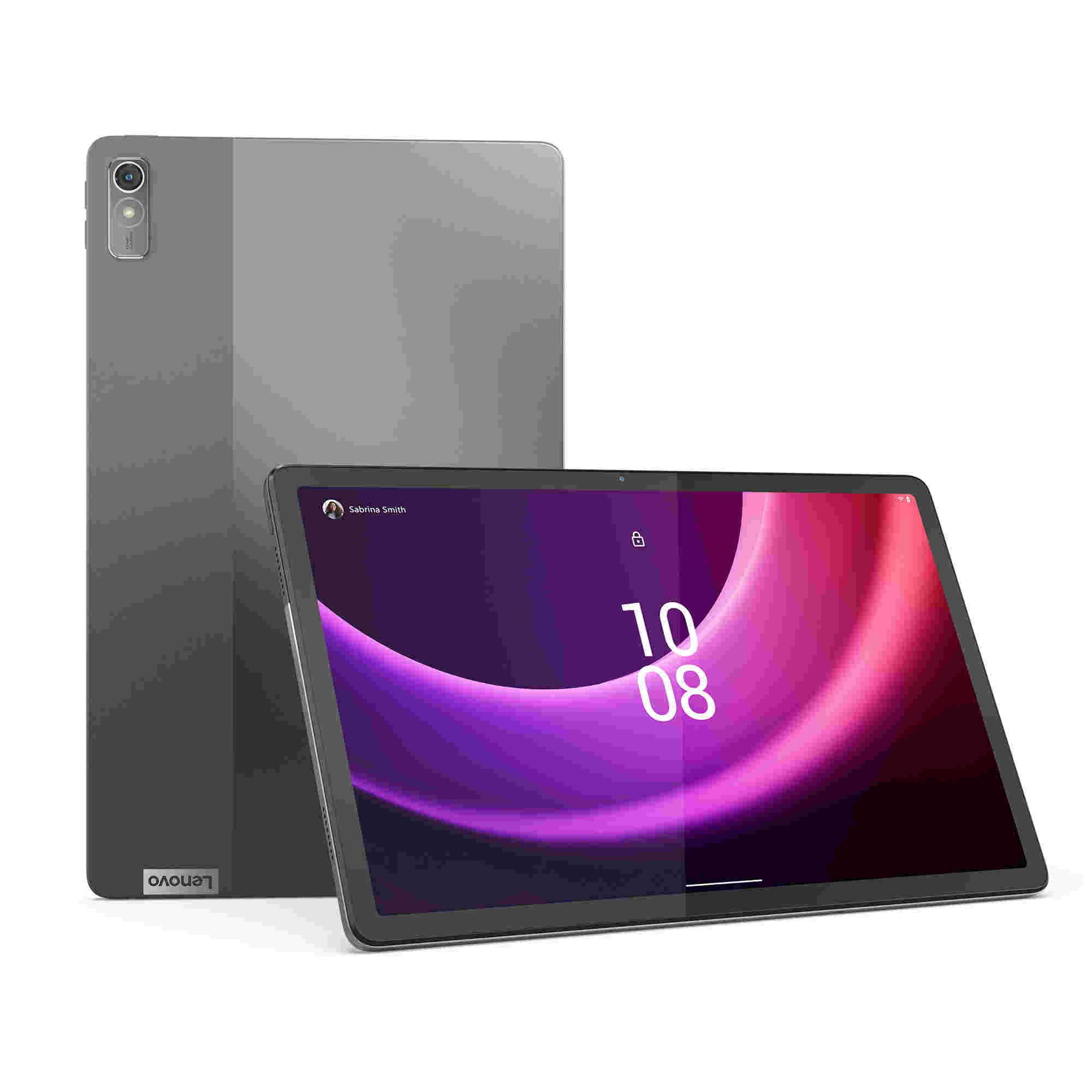 Dos tabletas grises. Una vertical, la otra en ángulo, mostrando una pantalla con un degradado púrpura y rojo.