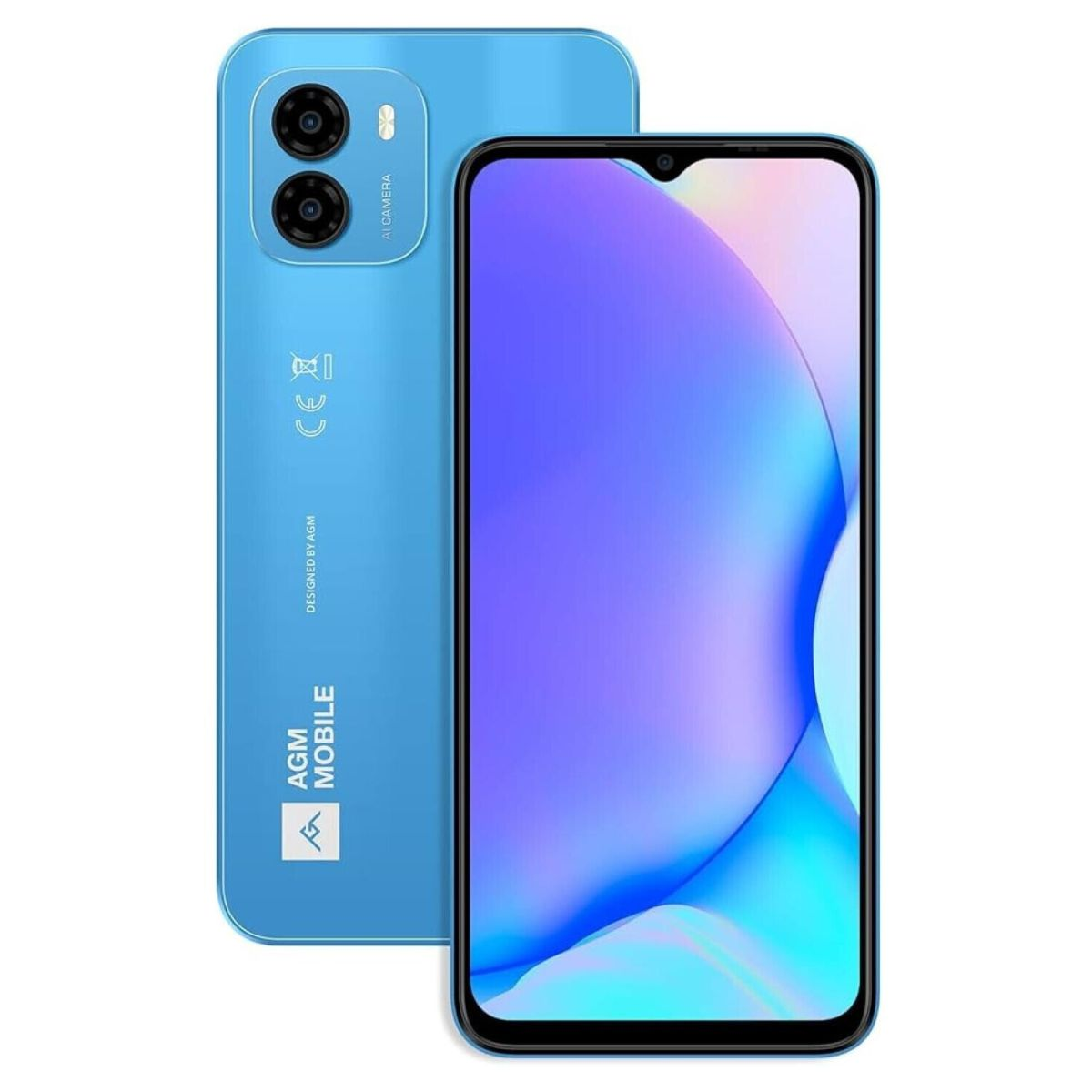 Blaues AGM-Mobiltelefon. Zwei Kameras und ein Display. Rück- und Vorderansicht.