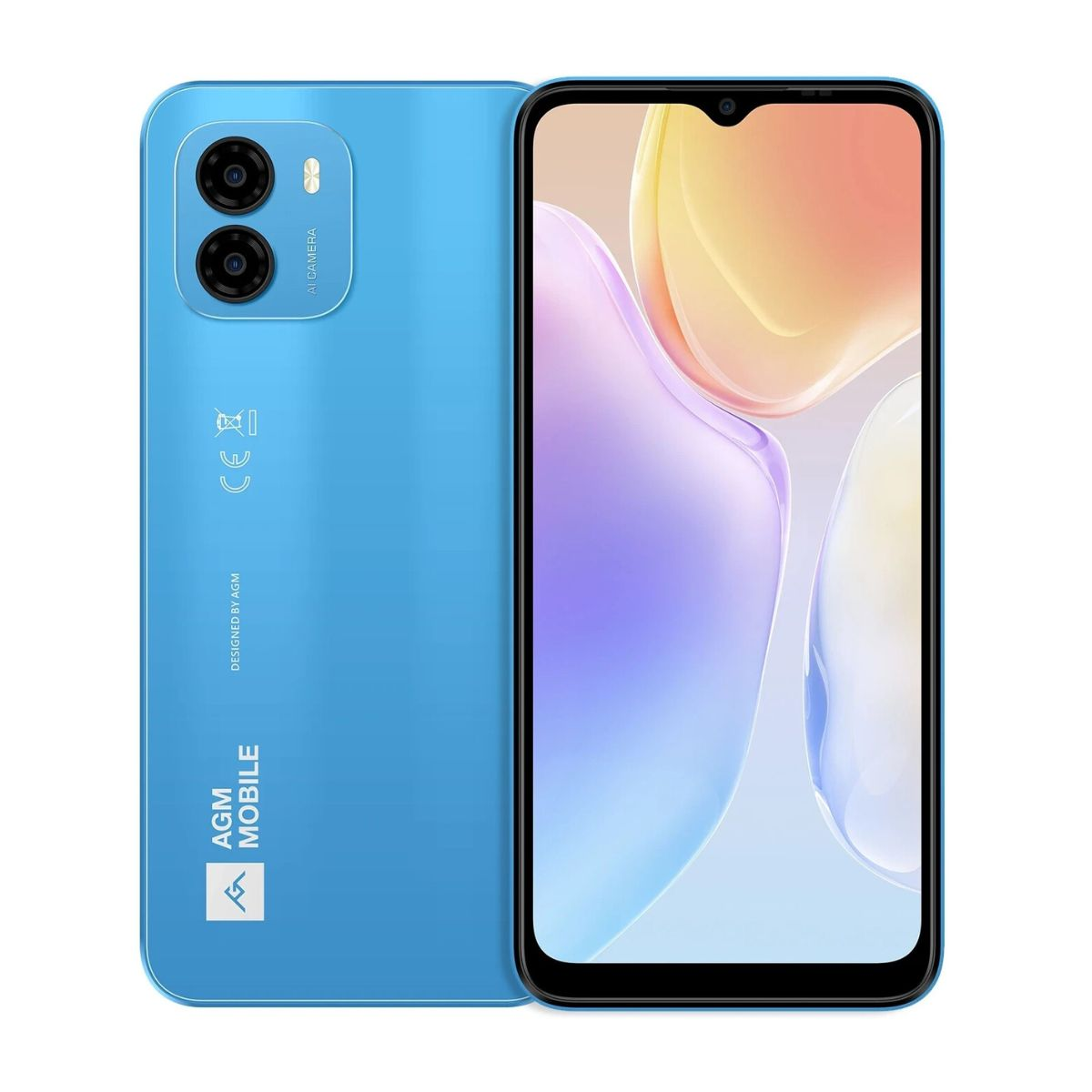 Ein hellblaues Smartphone, das seinen Bildschirm und seine Rückseite mit Dual-Kameras zeigt.