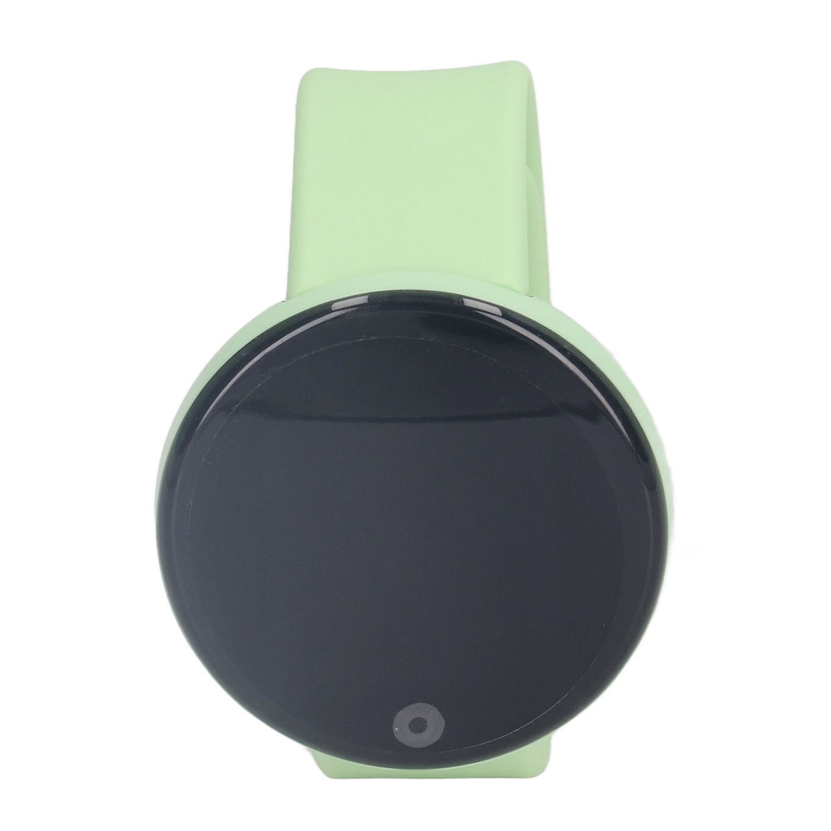 Grüne Smartwatch auf Weiß. Sie hat ein rundes, schwarzes Display und ein hellgrünes Armband.