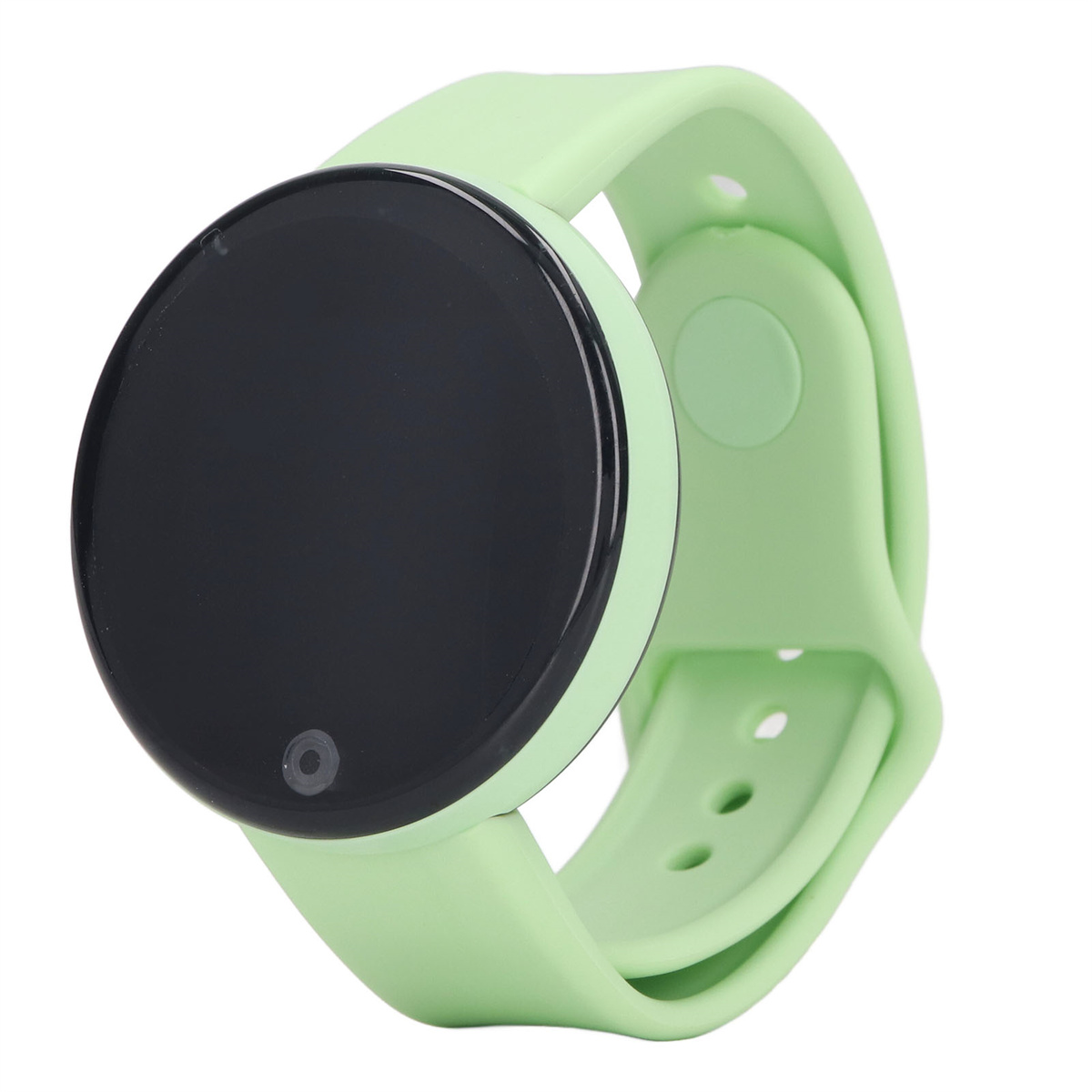 Grüne Smartwatch mit rundem schwarzem Display und grünem Armband.
