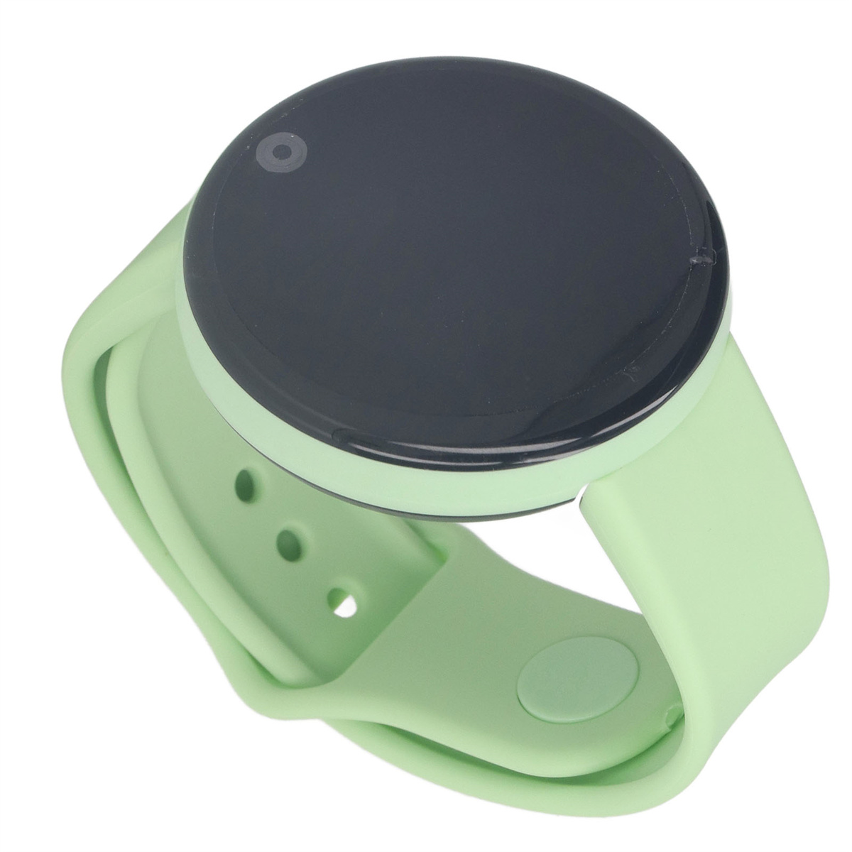 Grüne Smartwatch mit schwarzem, kreisförmigem Bildschirm auf weißem Hintergrund.