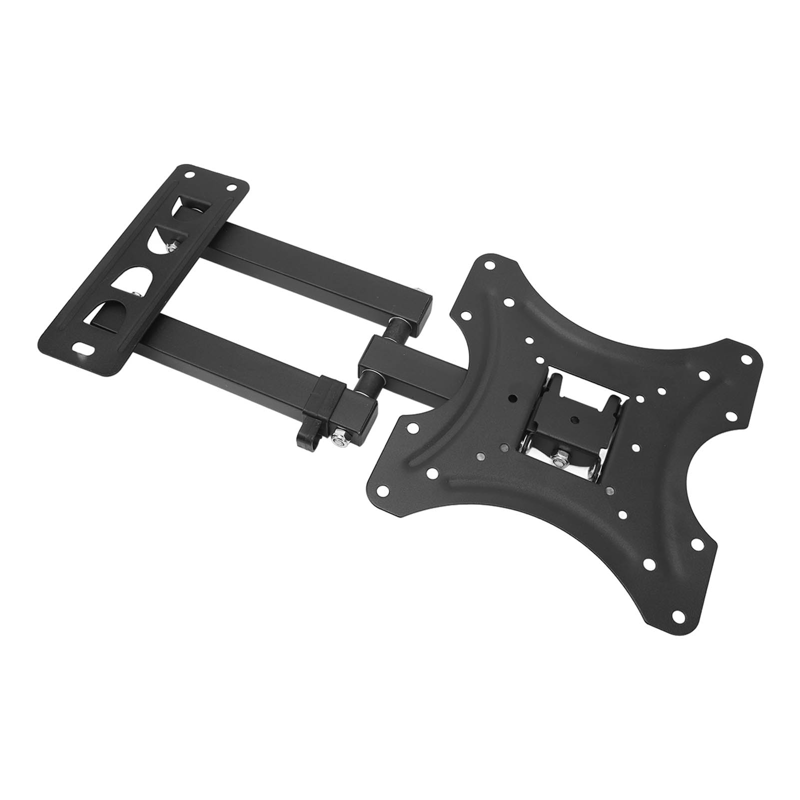 Schwarze TV-Wandhalterung, Metallkonstruktion, verstellbarer Arm, weißer Hintergrund.