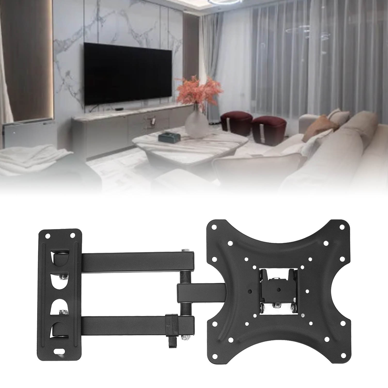 TV-Wandhalterung mit Wohnzimmerhintergrund, zeigt einen Fernseher an der Wand und ein Sofa.