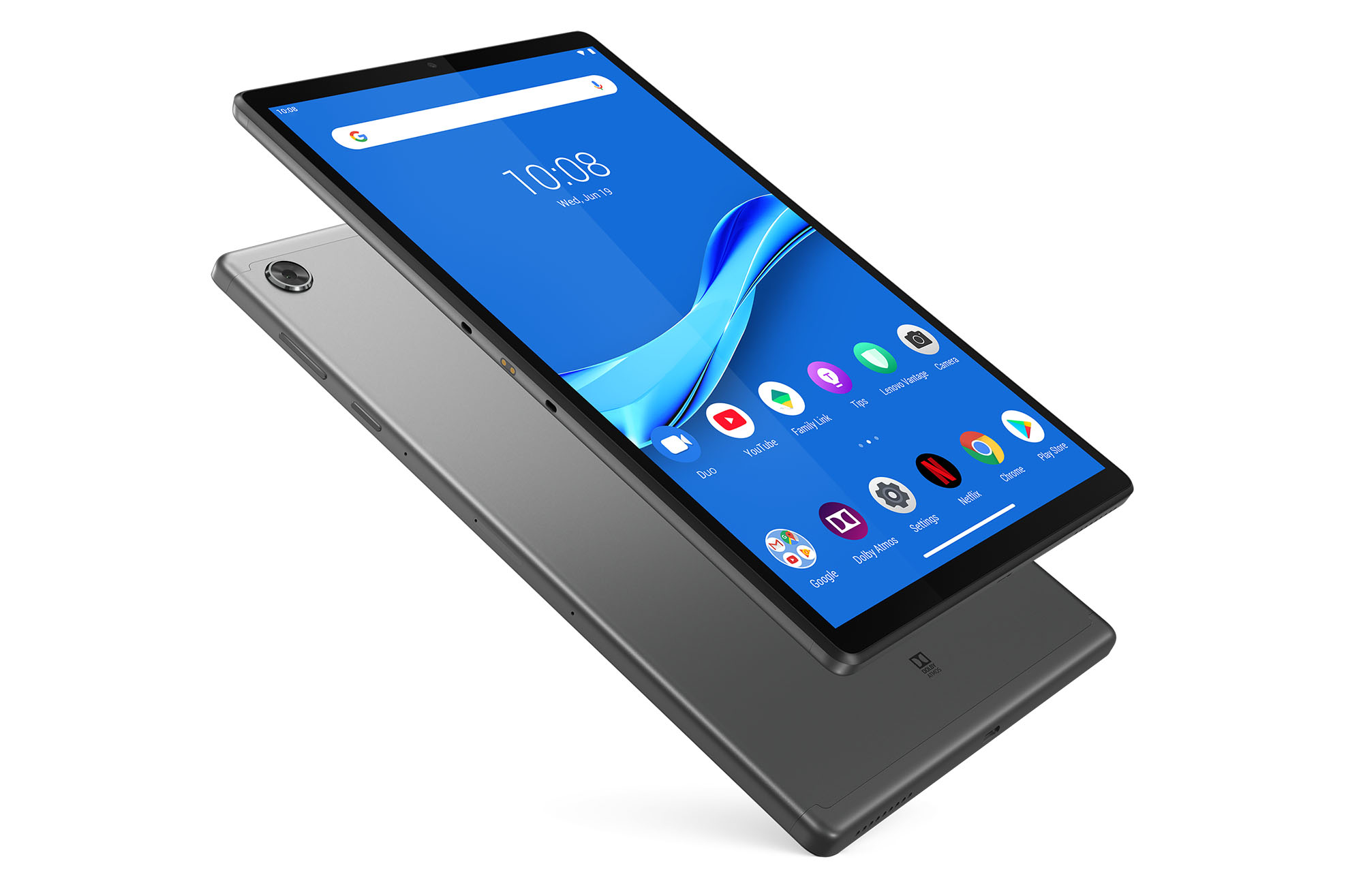 Tablet grigio, sopra uno più scuro. Schermo blu, che mostra app.
