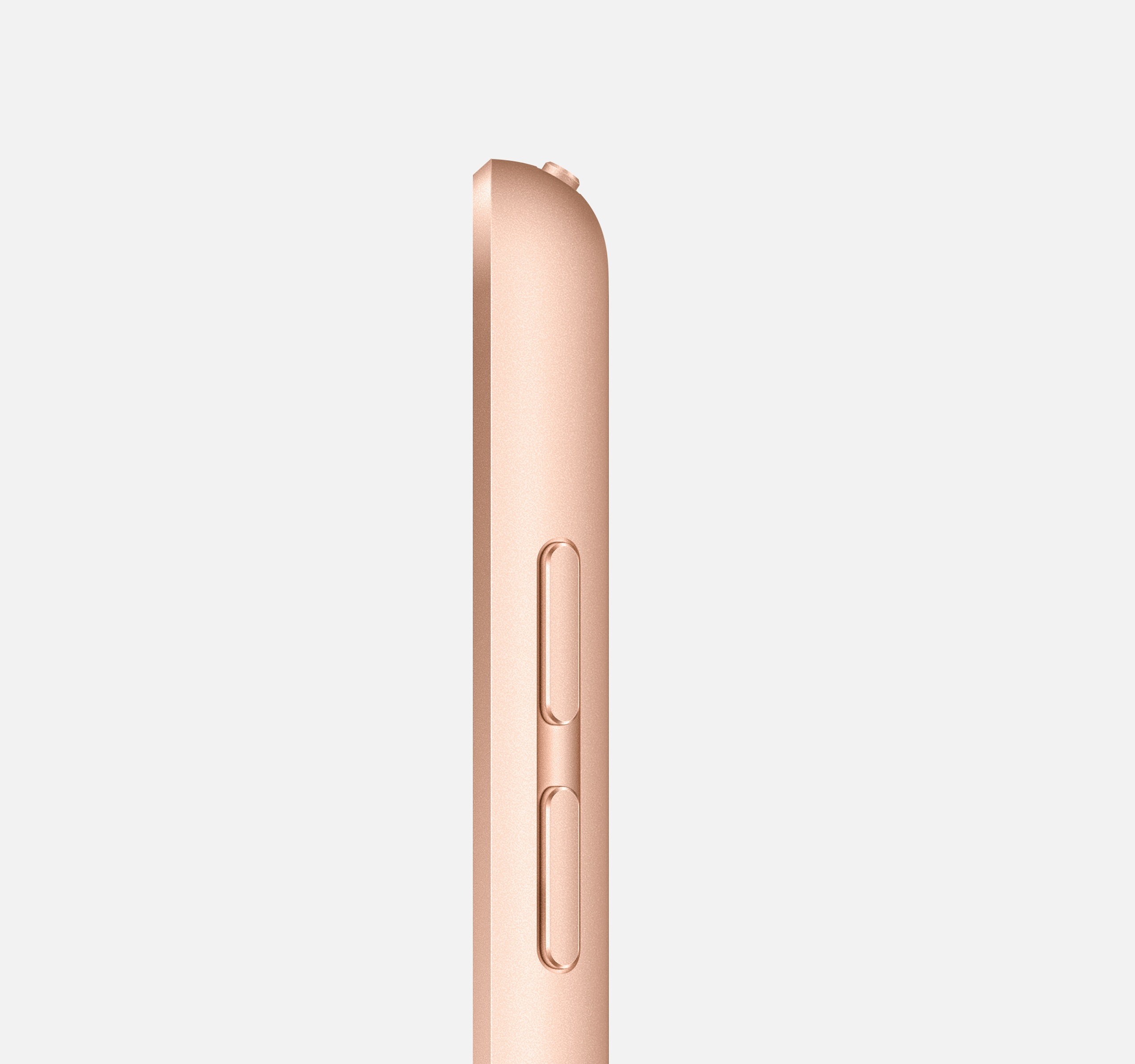 Seitenansicht eines roségoldenen Telefons, mit sichtbaren Lautstärketasten. Gerät vor weißem Hintergrund.