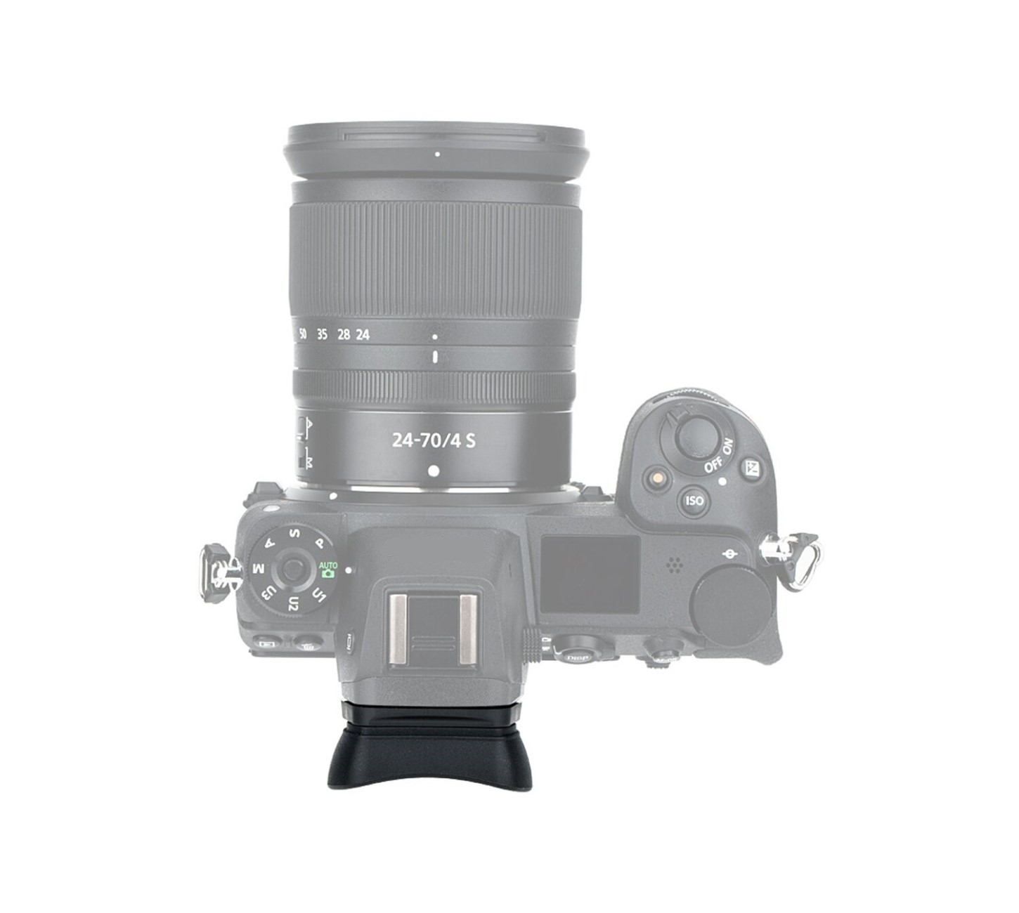 Eine Kamera mit einem 24-70mm-Objektiv wird aus der Vogelperspektive gezeigt.