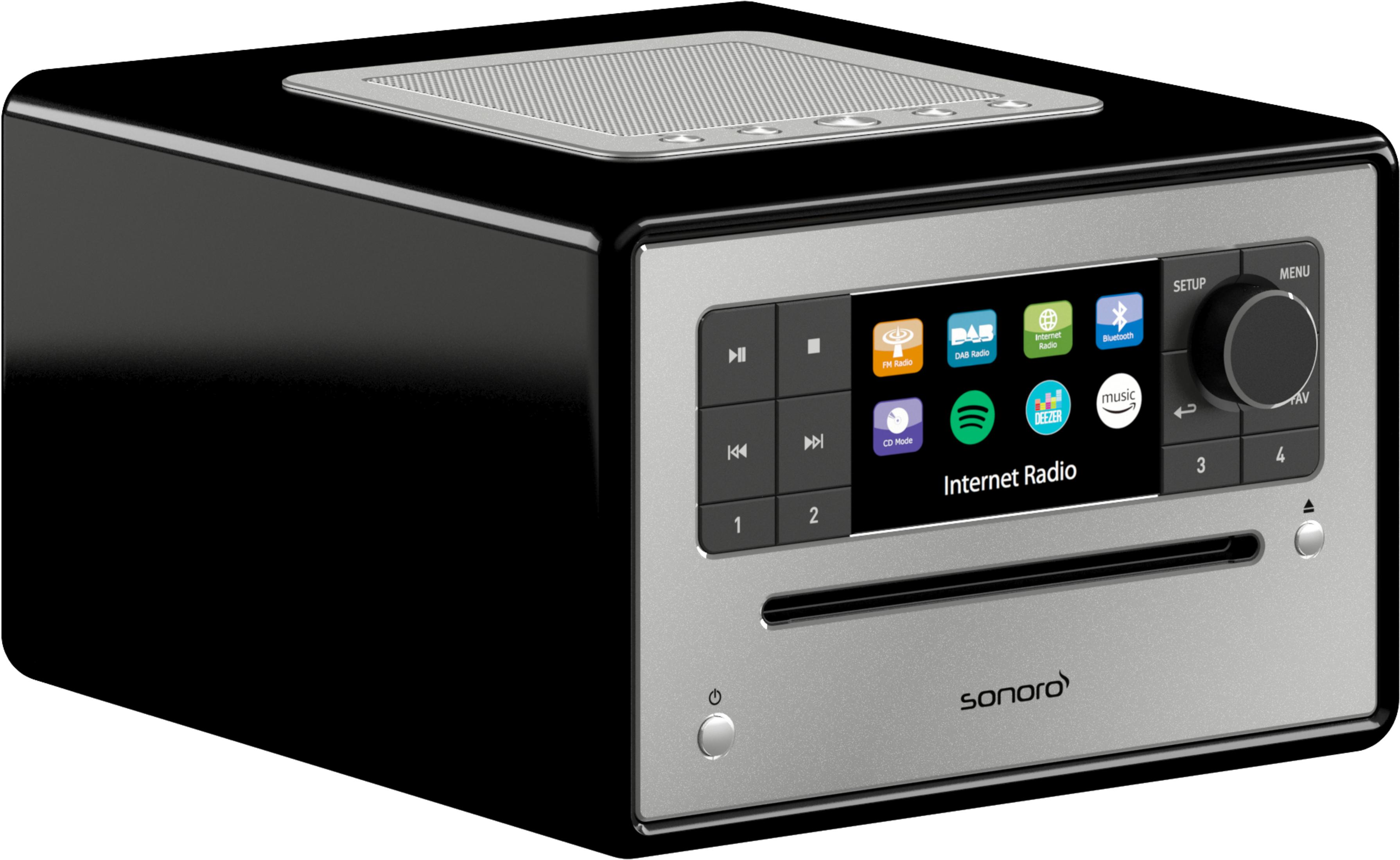 Schwarzes und silbernes Internetradio mit Bildschirm, Knöpfen und CD-Slot.