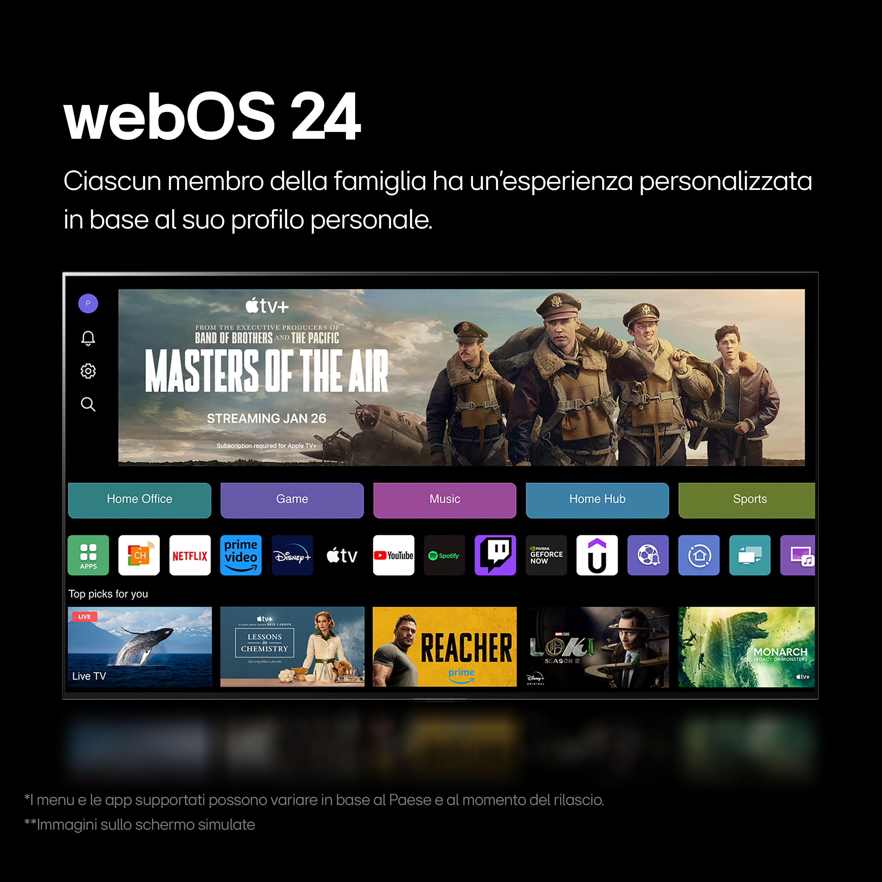Ein Fernsehbildschirm, der ein Streaming-Dienstmenü und einen schwarzen Hintergrund anzeigt.