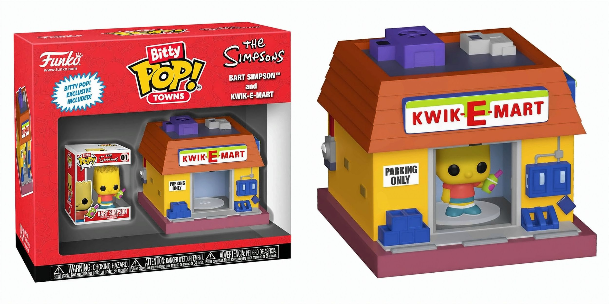 Un set Funko Pop con Bart Simpson e il modello Kwik-E-Mart in mostra.