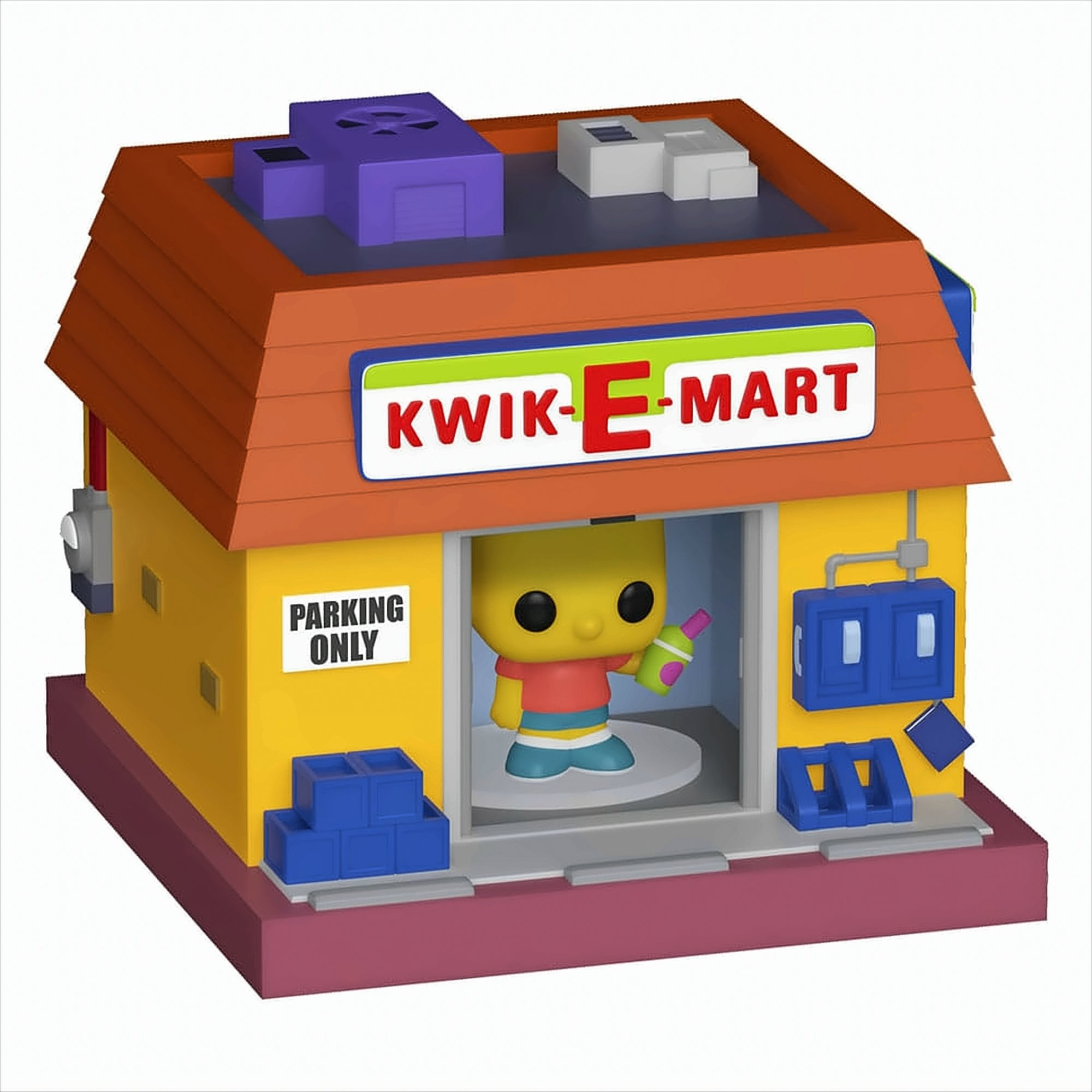 Un negozio di giocattoli Kwik-E-Mart con un personaggio dei cartoni animati che tiene in mano una bevanda. Edificio giallo, tetto rosso.