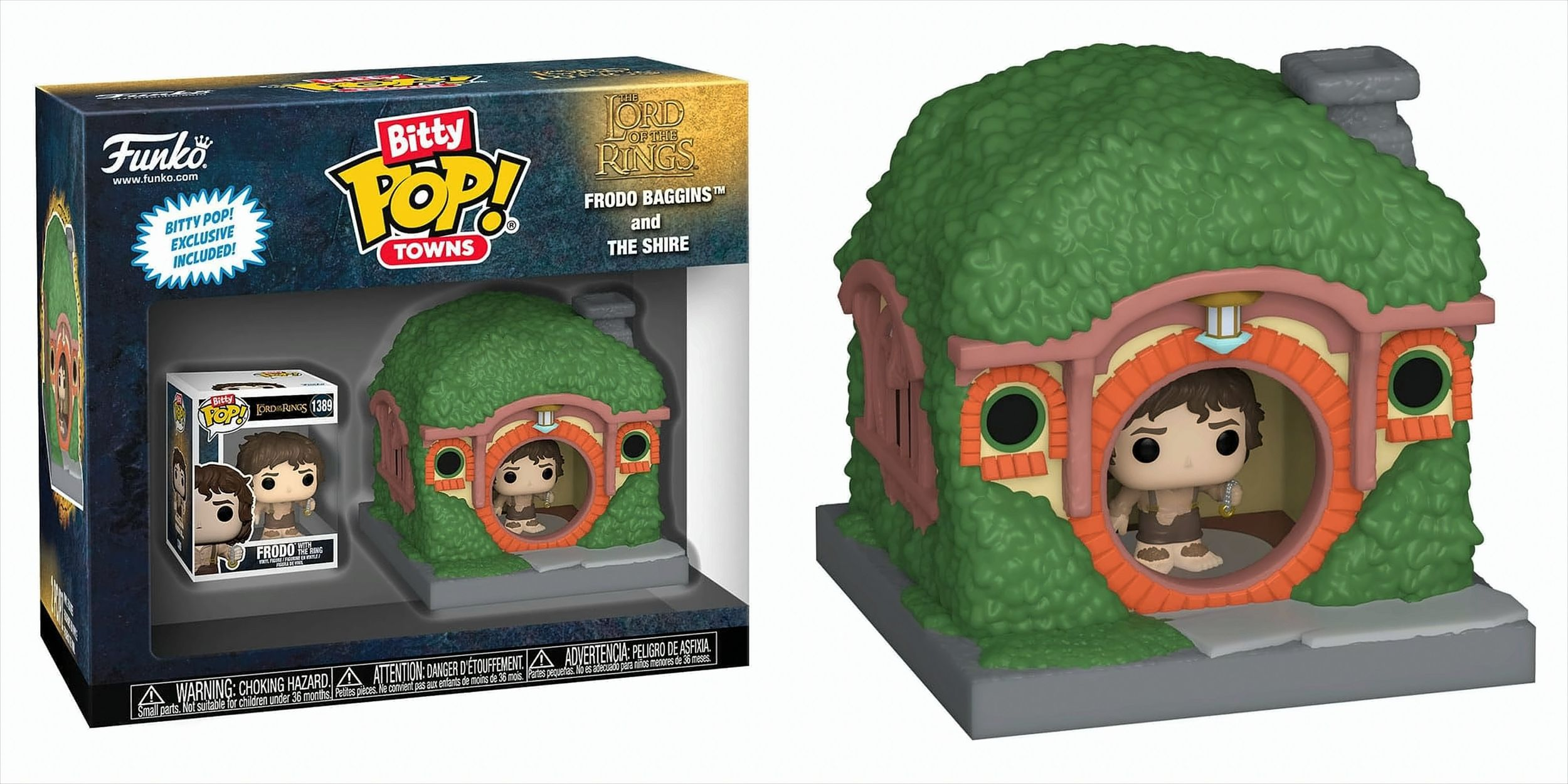 Ein Funko Pop-Set mit Frodo Baggins und dem Shire-Modell.