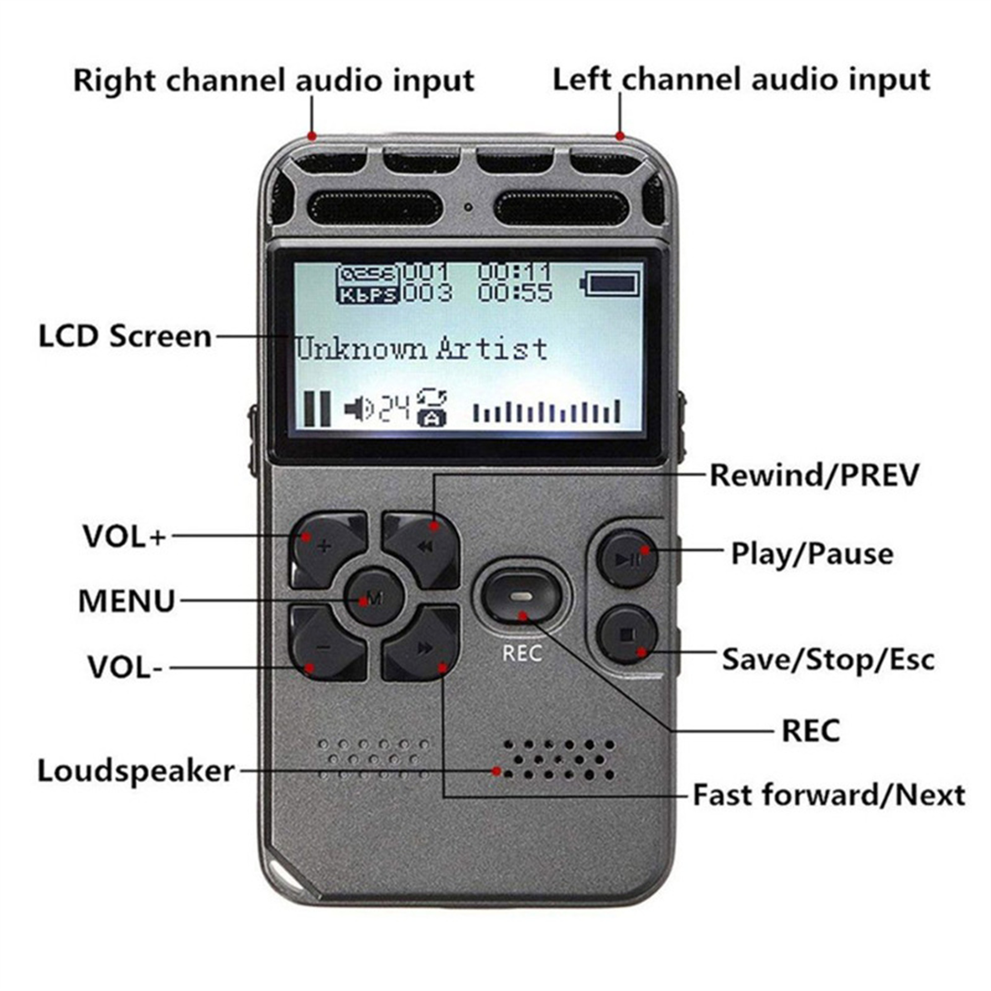 Grauer Audio-Recorder mit Knöpfen und Bildschirm, der Aufnahmeinformationen anzeigt.