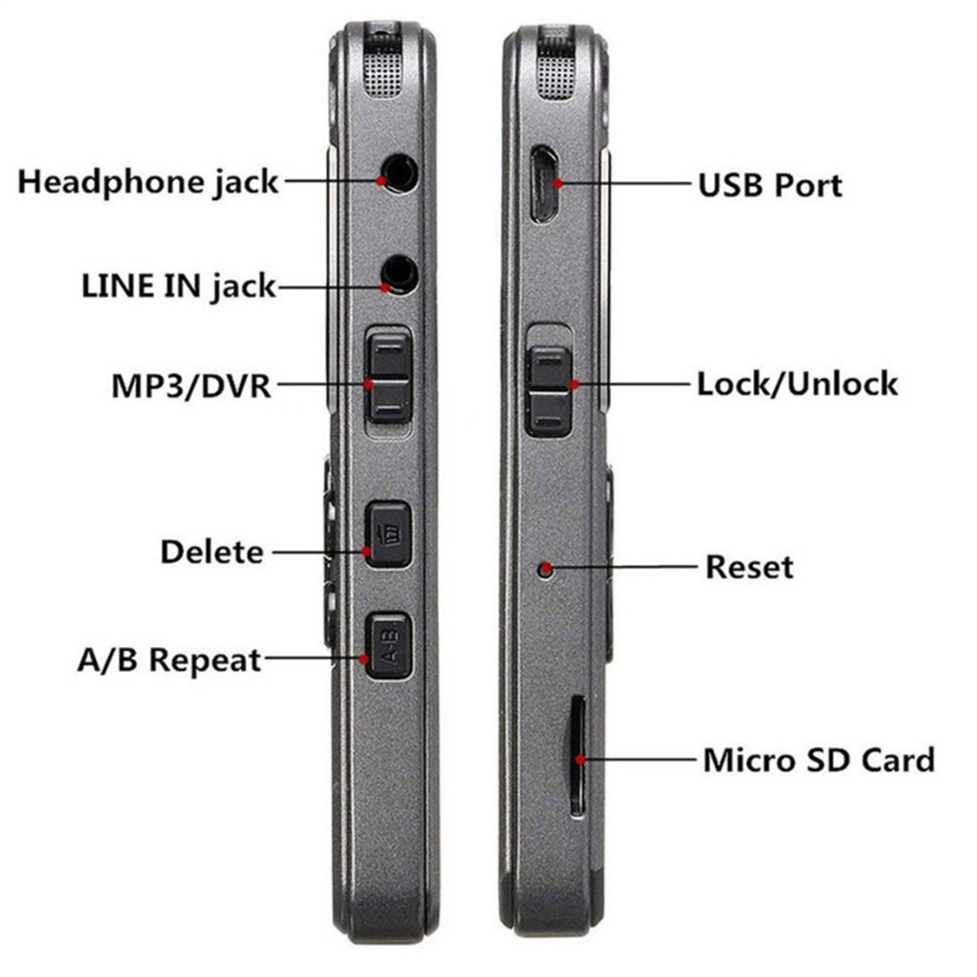 Grauer Audiorekorder mit beschrifteten Tasten und Anschlüssen an der Seite: USB, microSD usw.