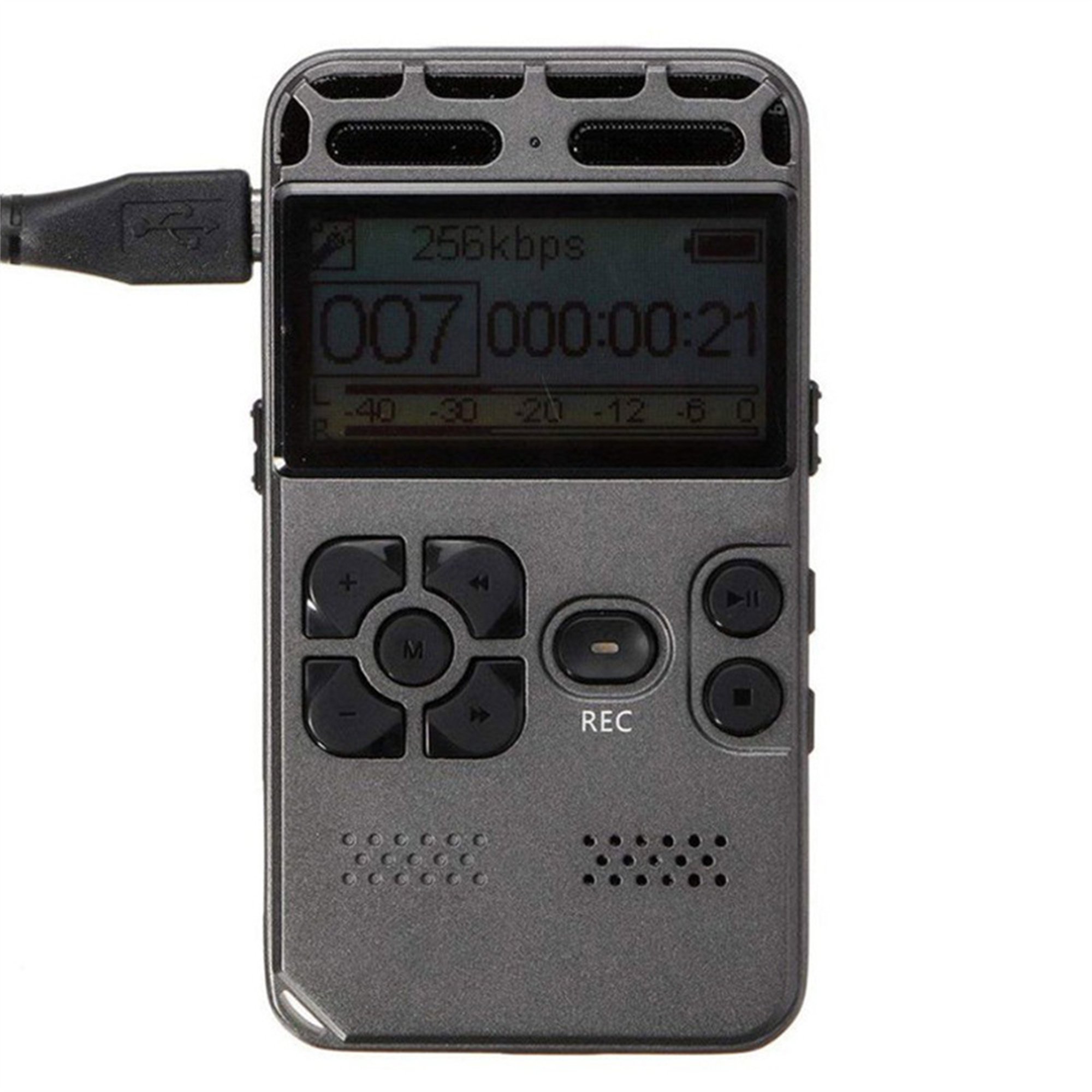 Grauer Audiorekorder mit Bildschirm, der Zeit und Einstellungen zeigt, USB-Kabel.