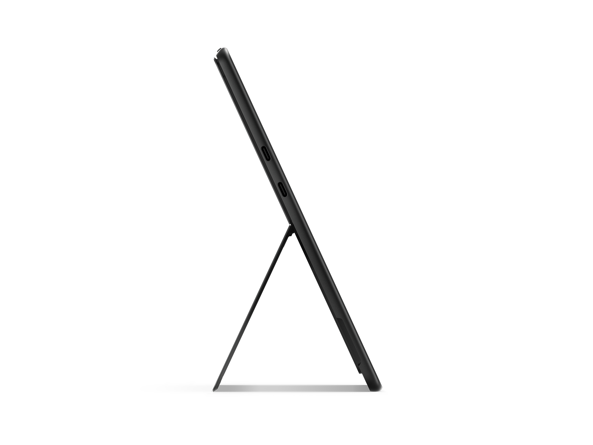 Czarny tablet na białym tle, pod kątem, aby pokazać profil boczny. Podpórka jest rozłożona.