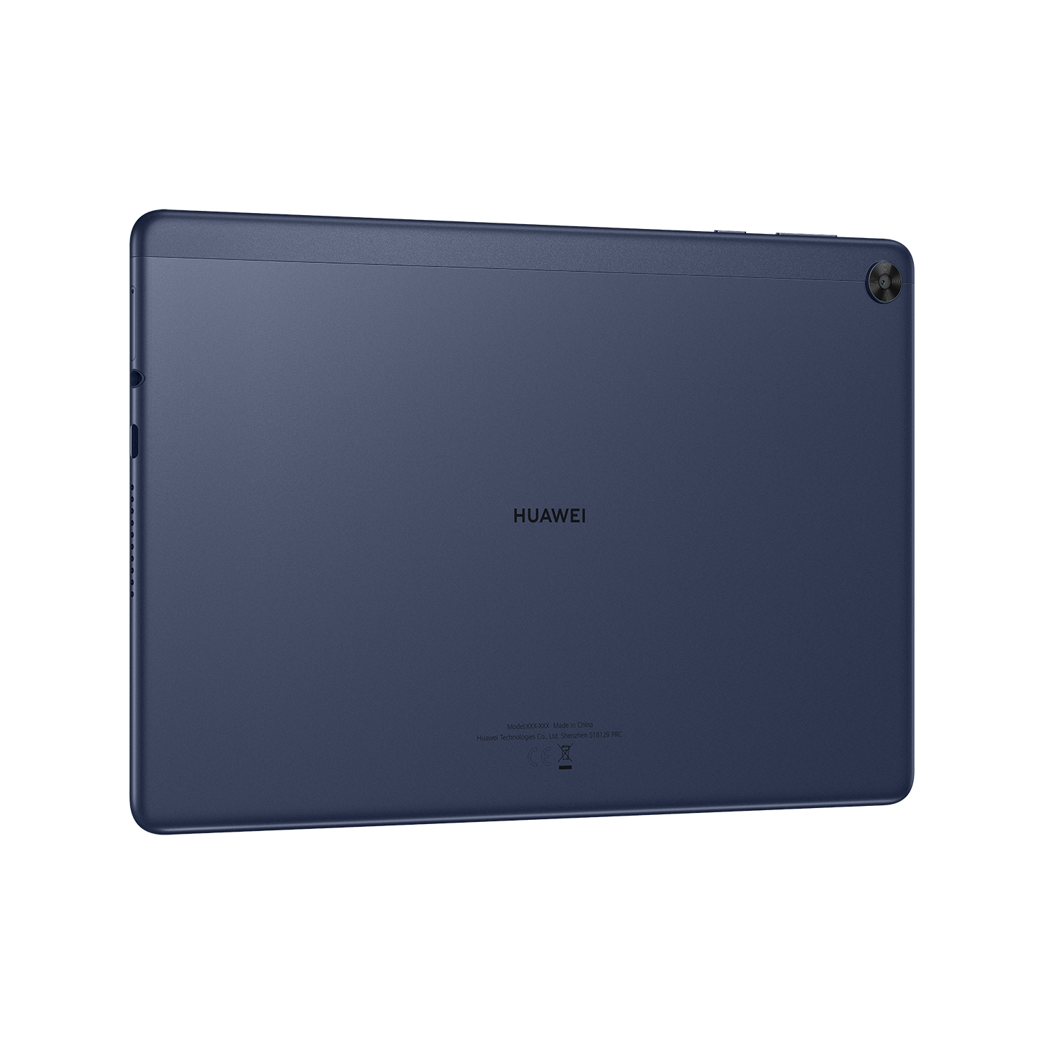 Marineblaues Huawei-Tablet, Rückansicht, mit Huawei-Logo. Weißer Hintergrund.