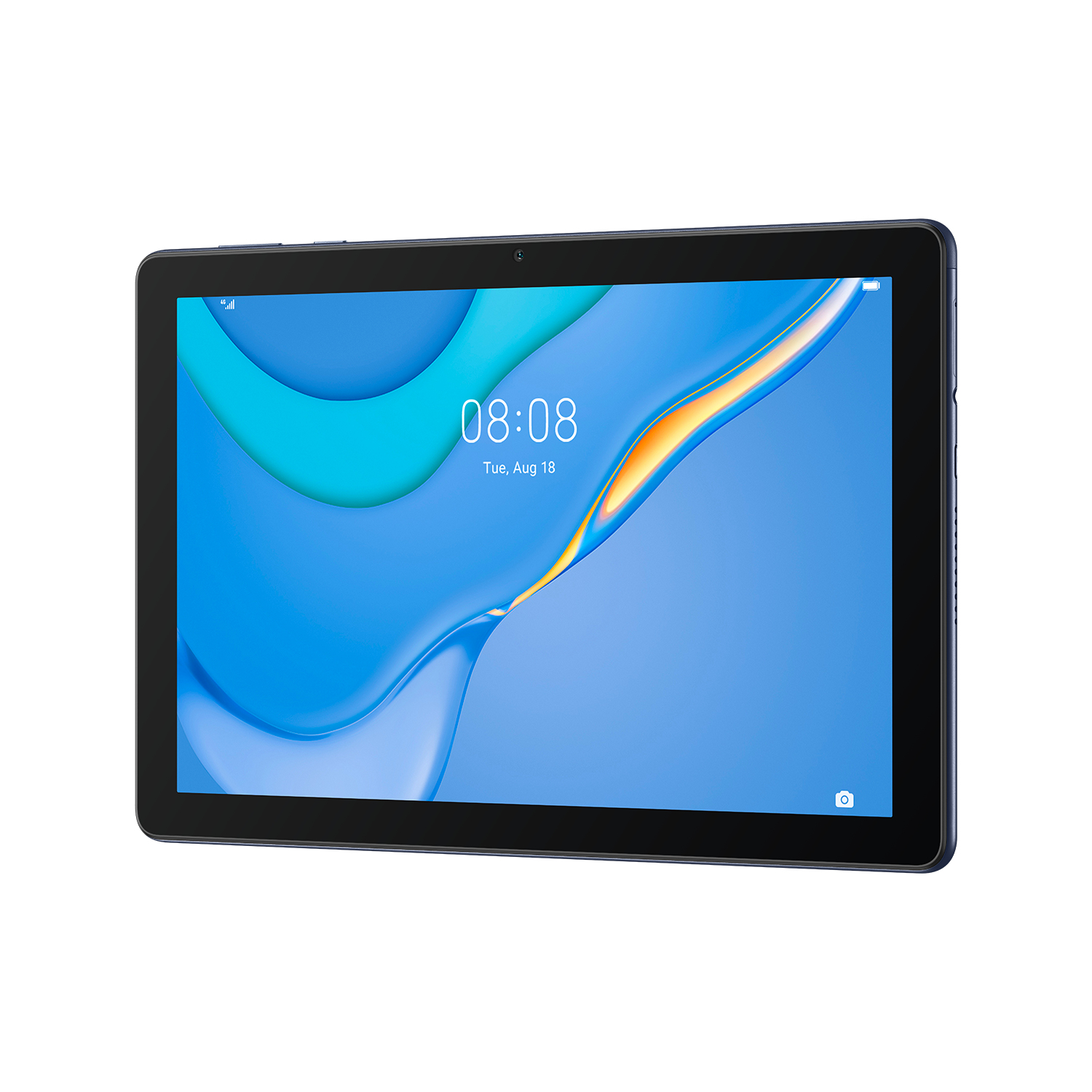 Tablet, das einen blauen Bildschirm mit Uhrzeit und Datum anzeigt. Schwarzer Rahmen. Weißer Hintergrund.