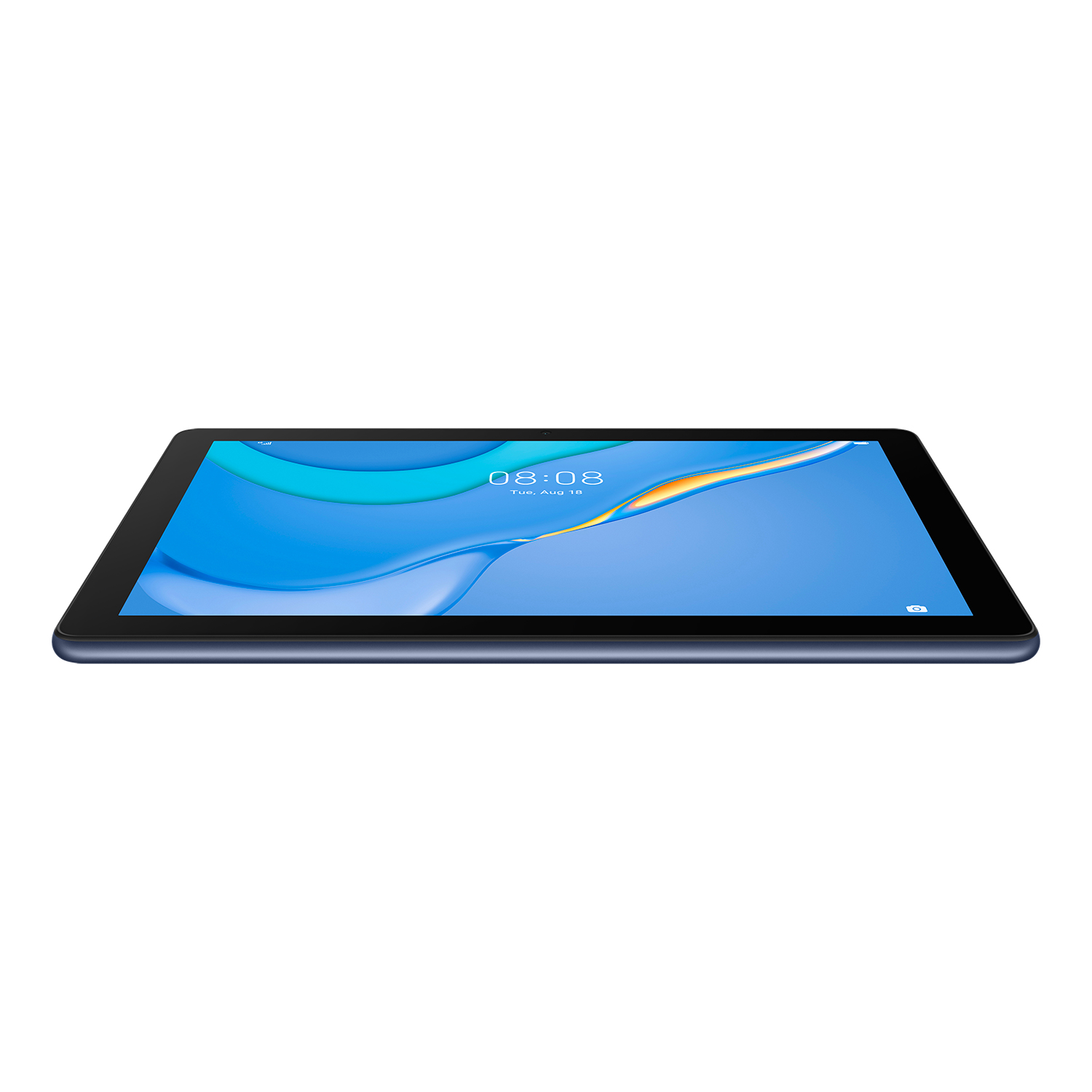 Blaues Tablet auf weißem Hintergrund, Seitenansicht.