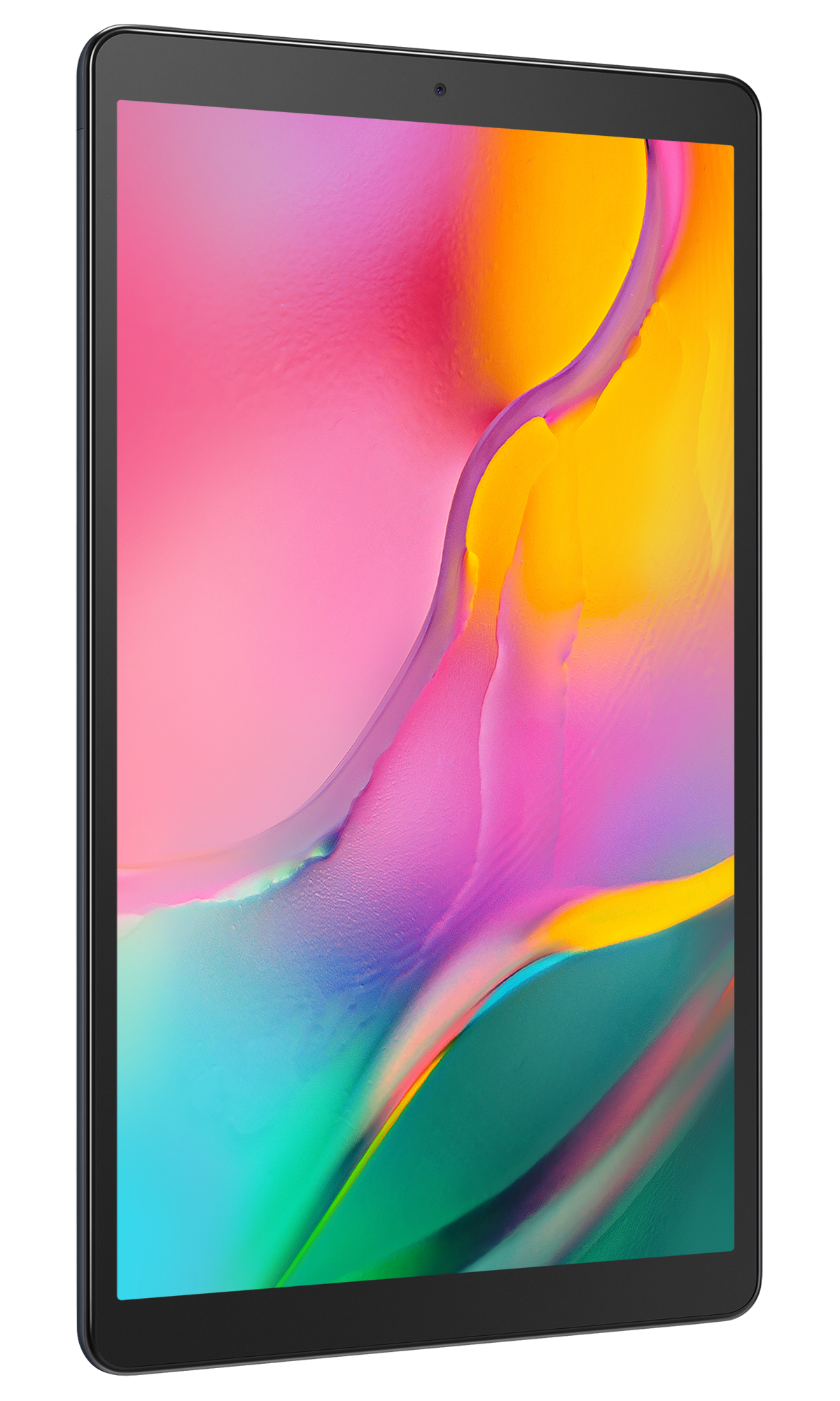 Tablet mit farbenfrohem Display, das ein modernes abstraktes Bild zeigt.