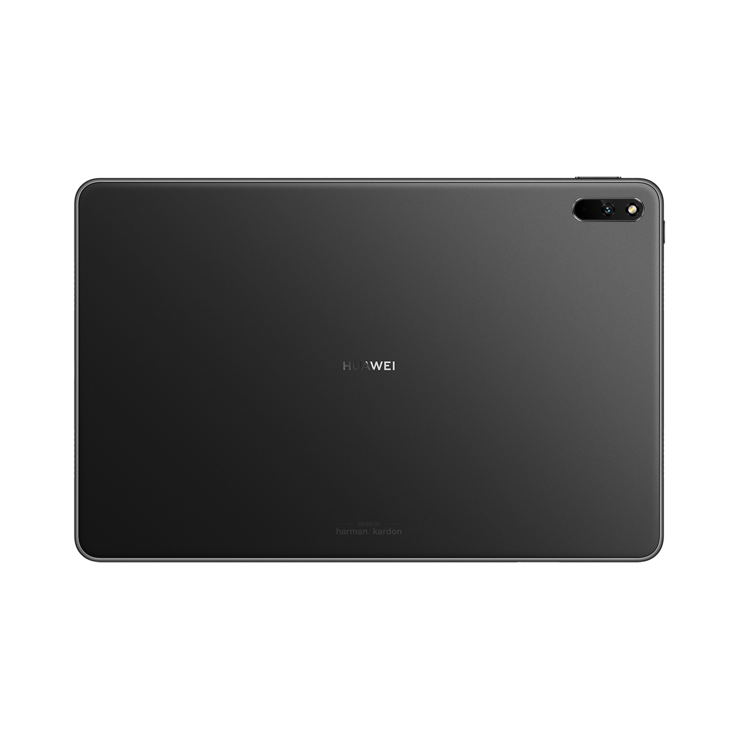 Schwarze Tablet-Rückseite mit Kamera. Huawei-Logo und Harman Kardon-Branding sind sichtbar.