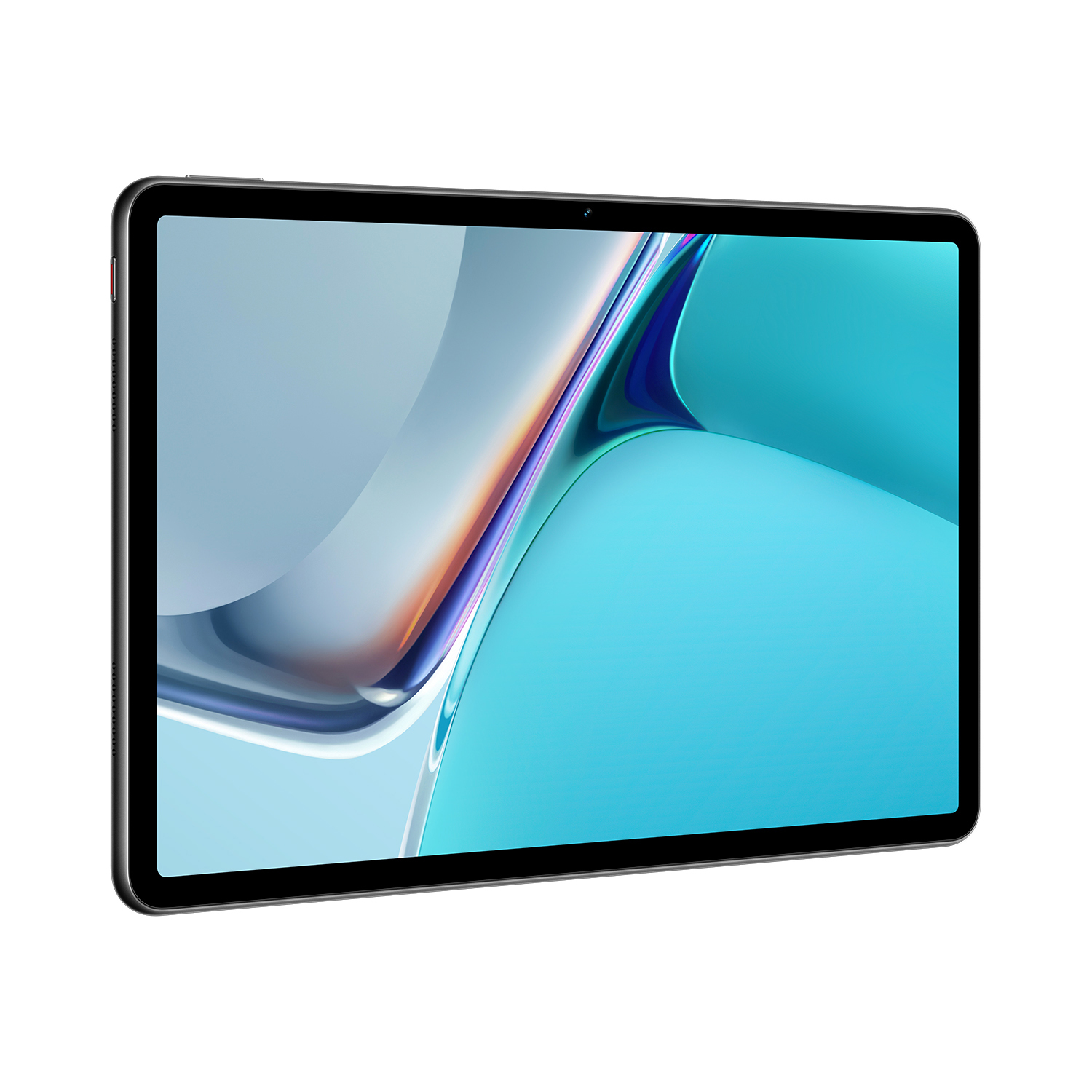 Ein Tablet mit blauem Bildschirm. Das Gerät hat einen schwarzen Rahmen und eine Frontkamera.