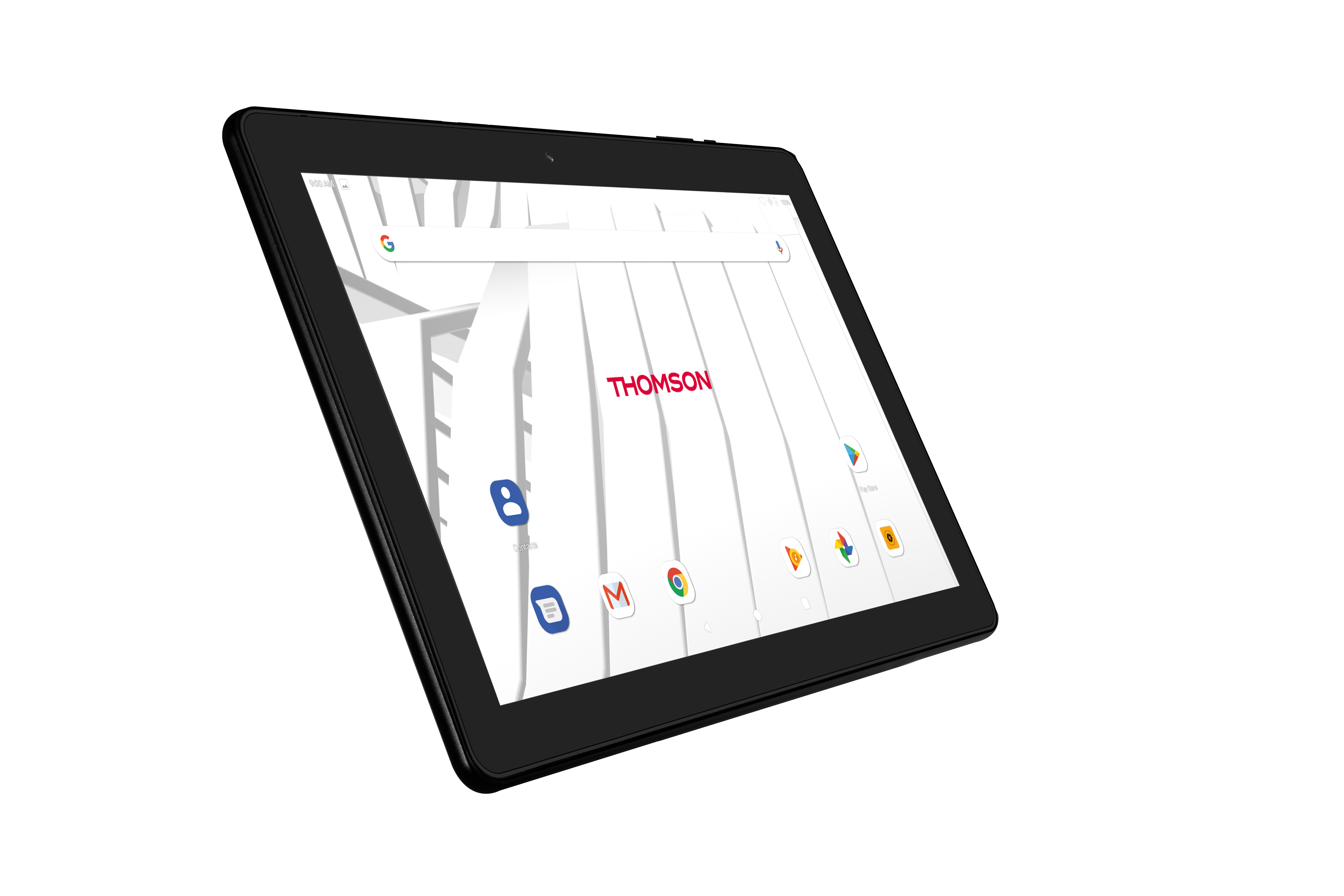 Un tablet nero che mostra la pagina di ricerca di Google e altre icone di app. È angolato.