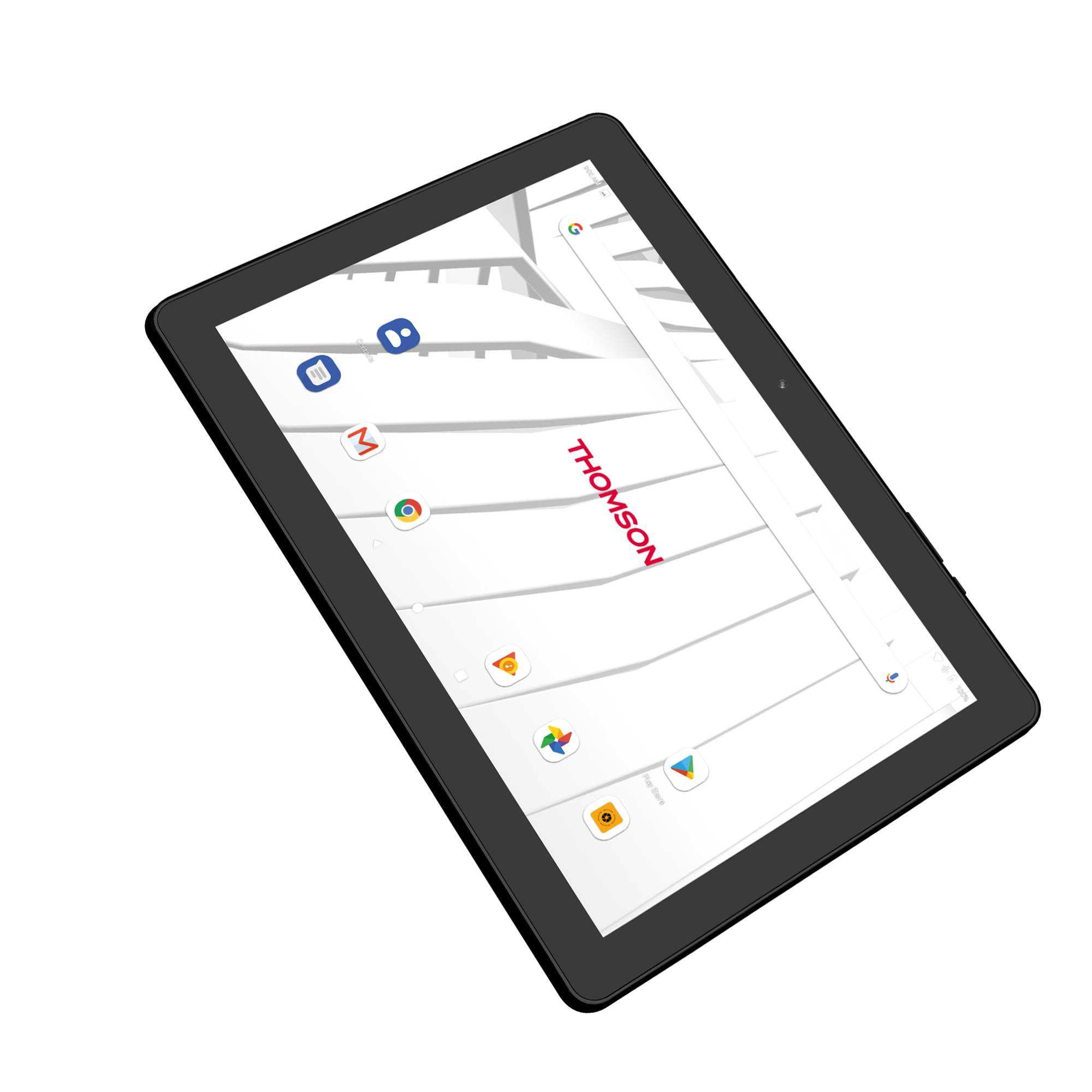 Tablet nero che mostra il logo 'THOMSON' e icone di app su sfondo bianco.