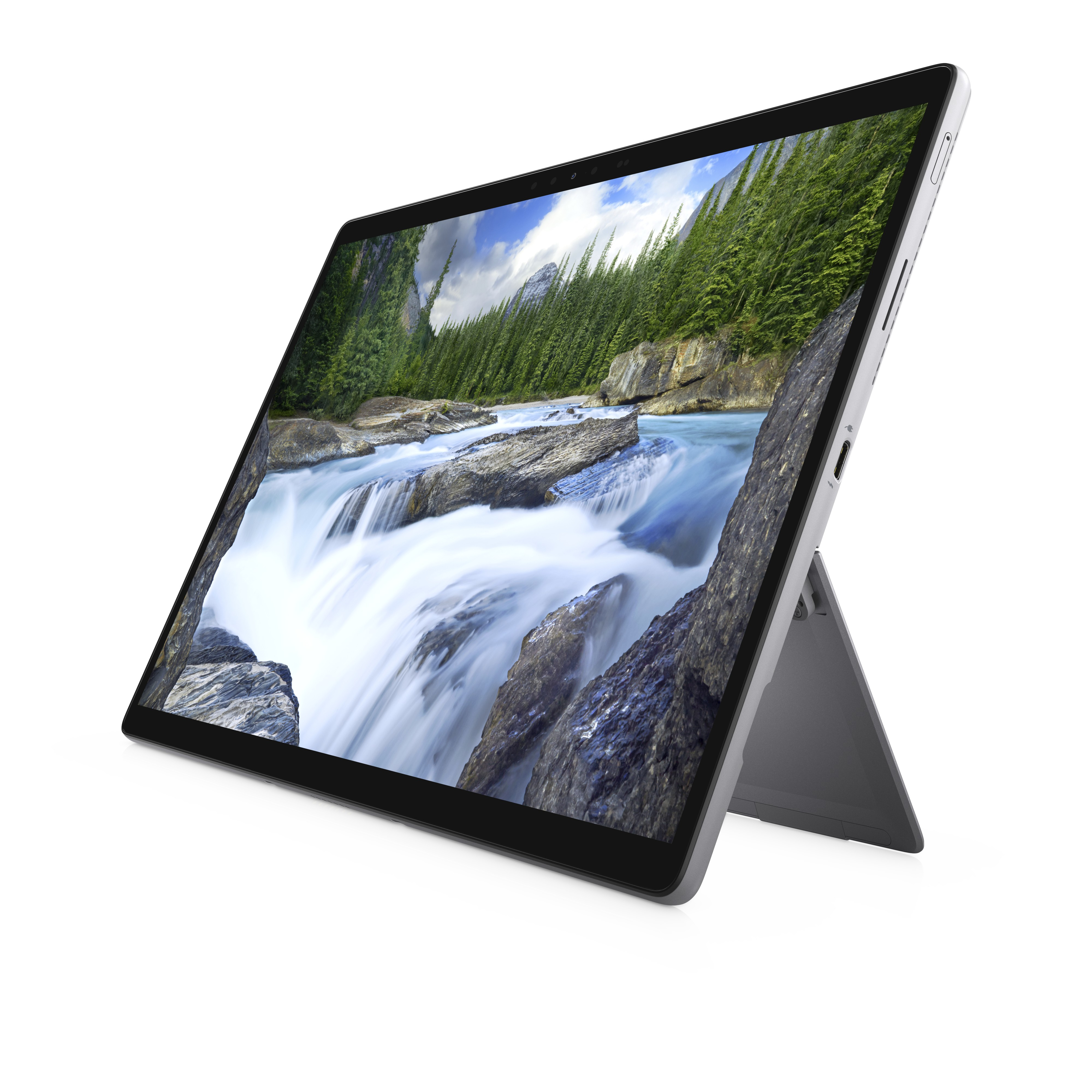 Tablet mit einem Bildschirm, der einen Wasserfall in einem Wald zeigt. Das Tablet ist auf einem Ständer aufgestellt.