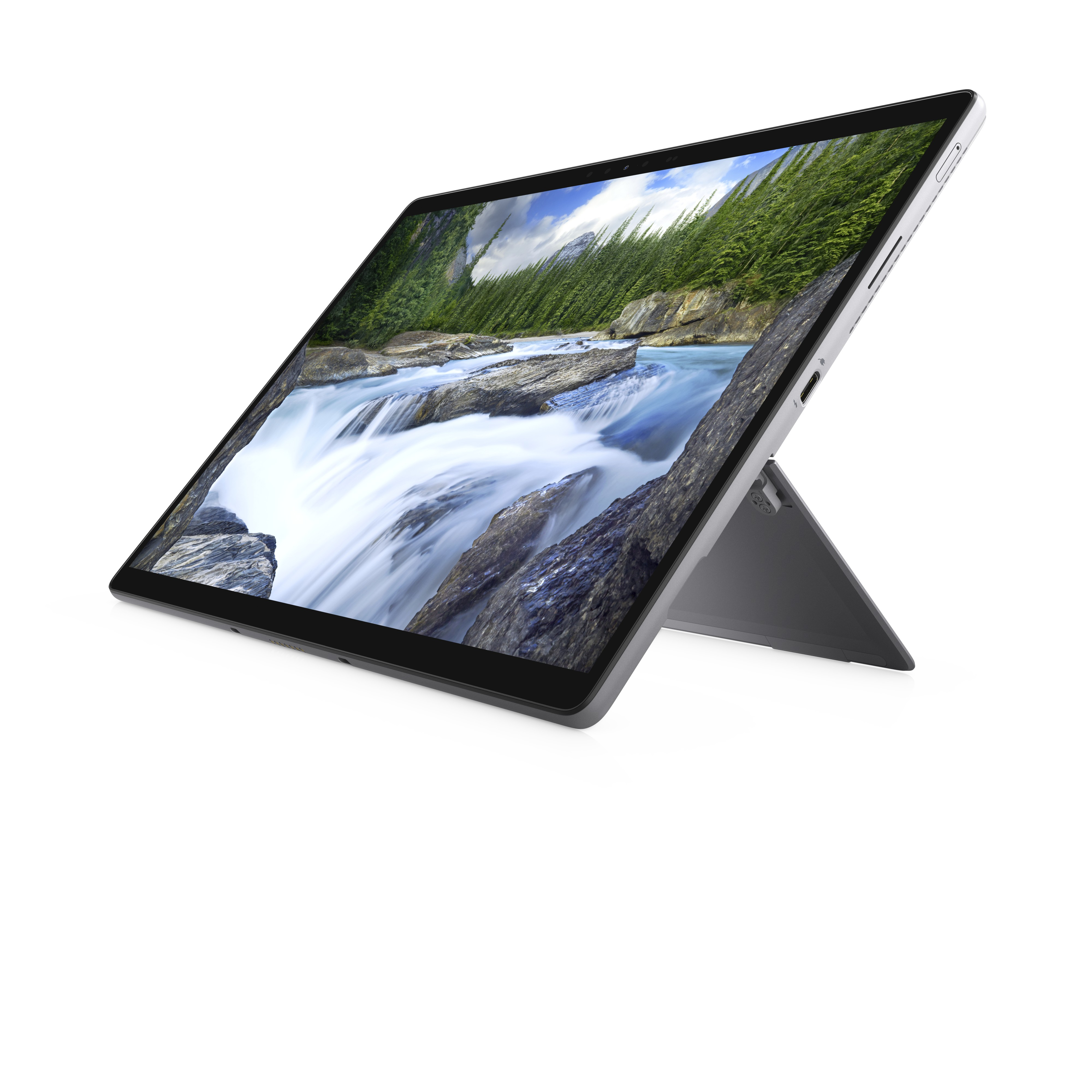 Dell-Tablet hochgestellt, Bildschirm zeigt Wasserfall im Wald. Weißer Hintergrund.